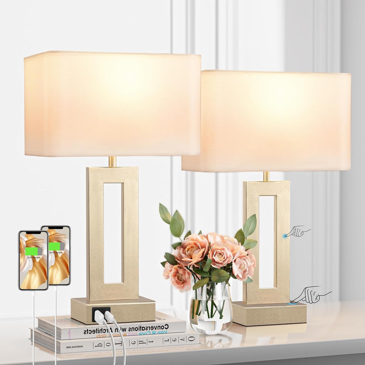 Gold Table Lamps Set of 2, 16.4" Bedside Lamps for Nightstand with USB C+A | 3 Way Dimmable, Touch Night Stand Lamp with Charging Station for Beroom, Dorm, Living Room, Desk, LED Bulb Included
