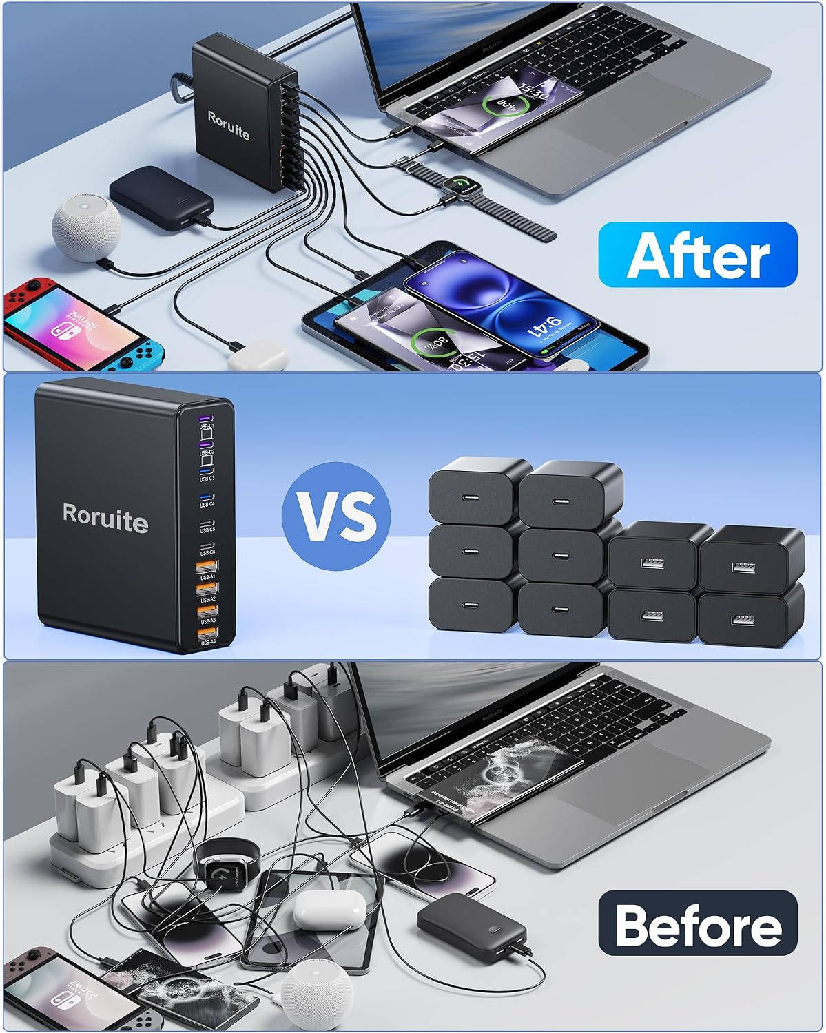 1000W USB C Charging Station, 120W PD GaN5 Super Fast USB C Charger Block | Type C for PC Laptop MacBook Pro/Air 10 Port Charger Compatible with iPhone 17 16 15 14 13 12 Pro Max, iPad, Galaxy