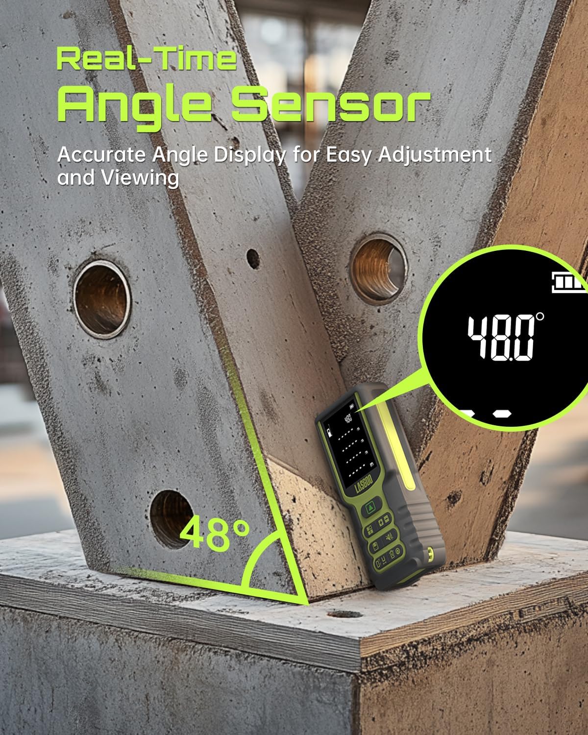 Laser Measure, LASGOO 100m/328ft Laser Measurement Tool, Laser Distance Meter with Angle Sensor, Ft/in/M Units, LCD Backlit Display, Length/Area/Volume/Pythagorean Mode, Battery Included