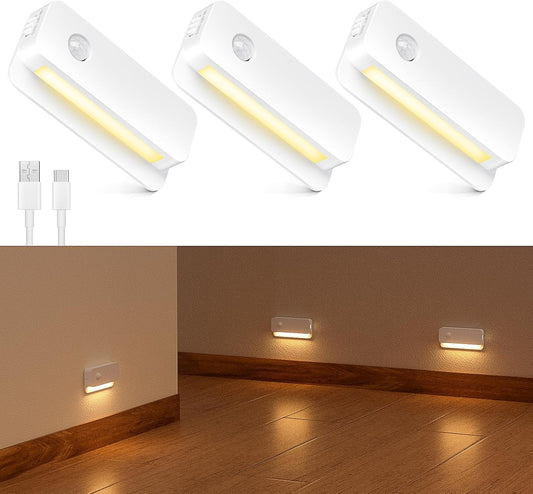 3 Pack Motion Sensor Night Light, Rechargeable Stair Lights Indoor, Warm White Motion Sensor Light Indoor, Battery Operated Night Light for Hallway, Stairway, Bathroom, Bedroom, Kitchen