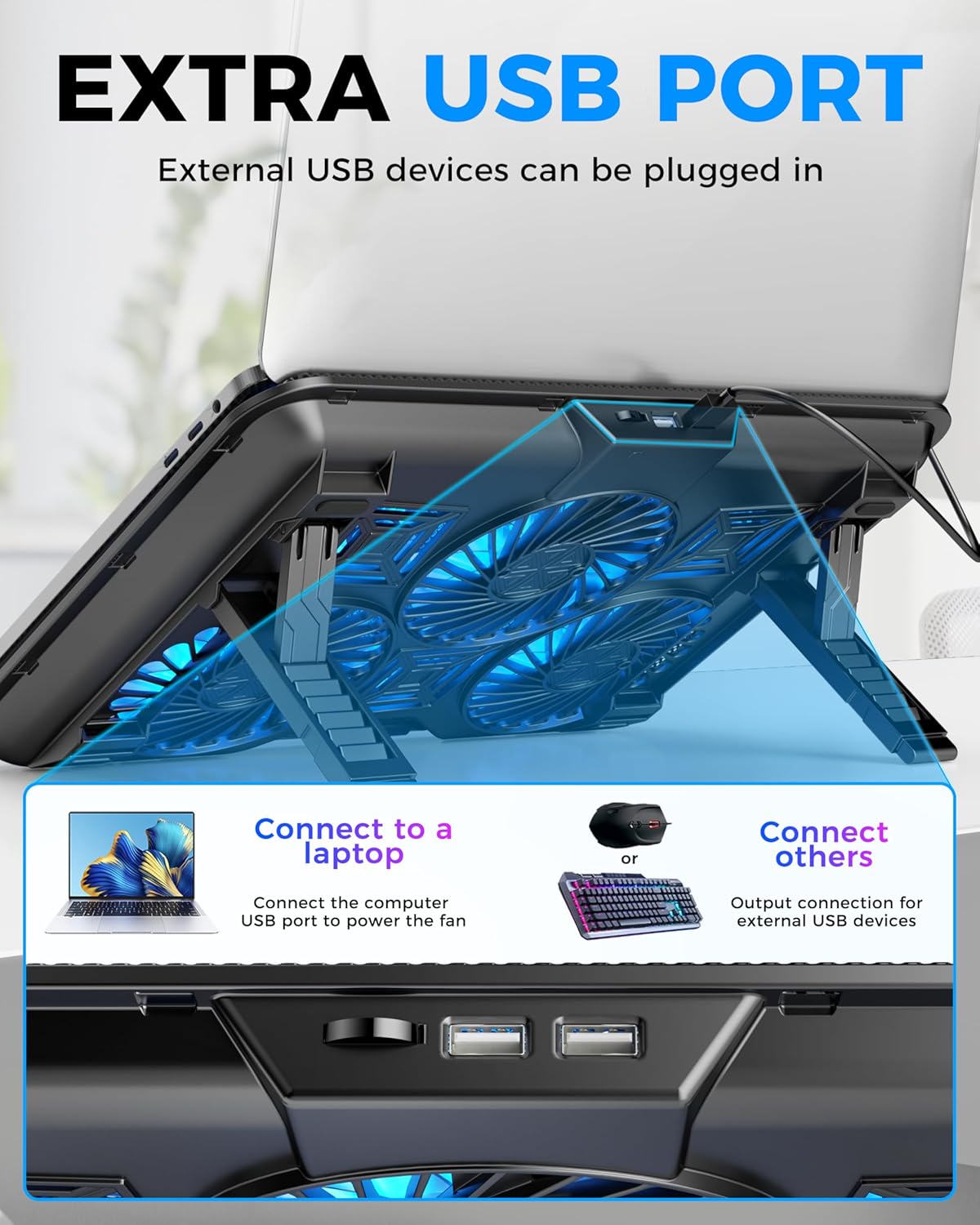 AICHESON Laptop Cooling Pad with 6 High-Speed Fans for 14-17.3 Inch Laptops | Laptop Fan with 7 Adjustable Angles, Blue Lights with Fans, 2 USB Ports for Work Home Office Use
