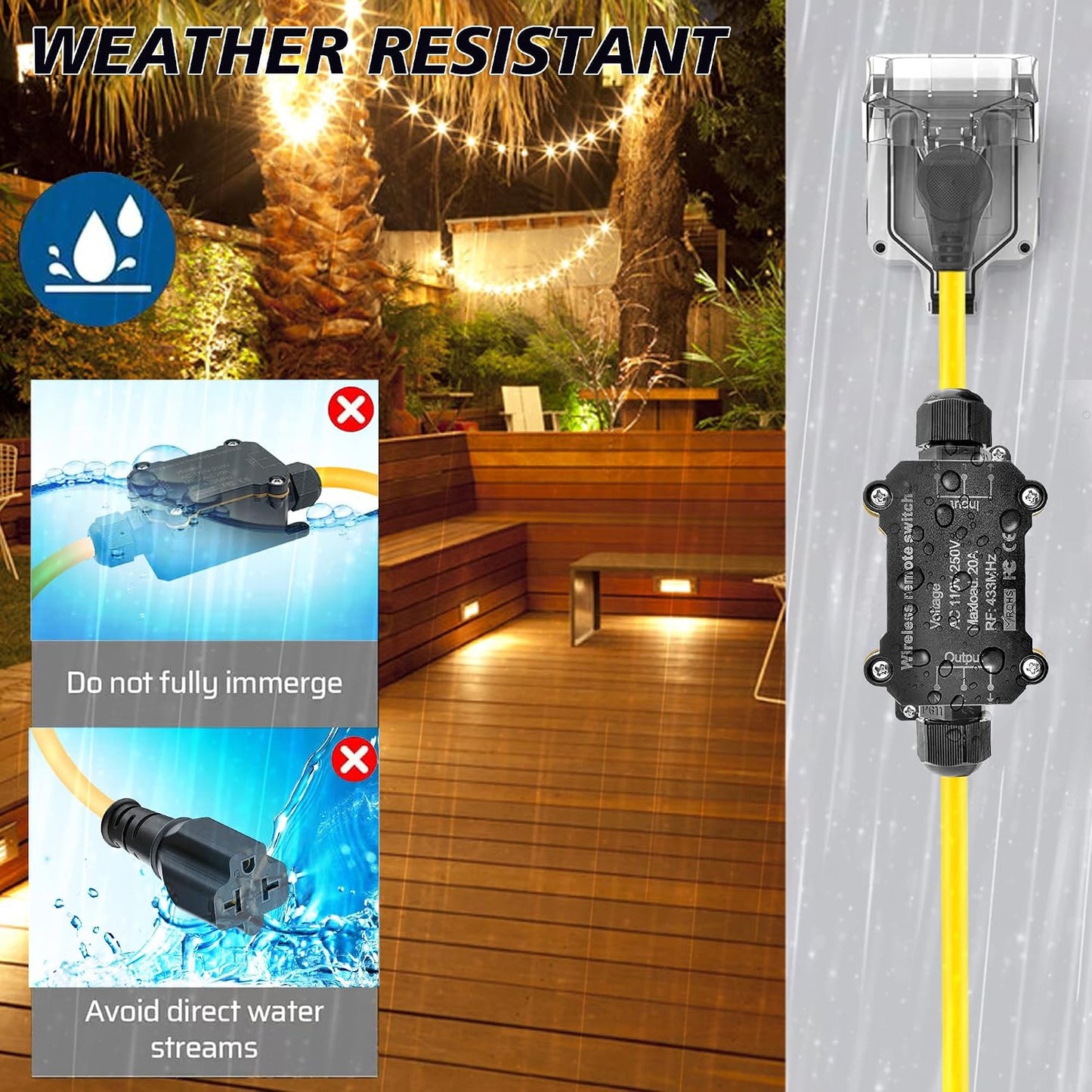 Outdoor Wireless Remote Control Outlet,AC110V Remote Control Power Switch | AC110/230/240/250 V/20A Waterproof Wireless Light Switch,165 Ft,Suitable for Lamps and Electrical Equipment