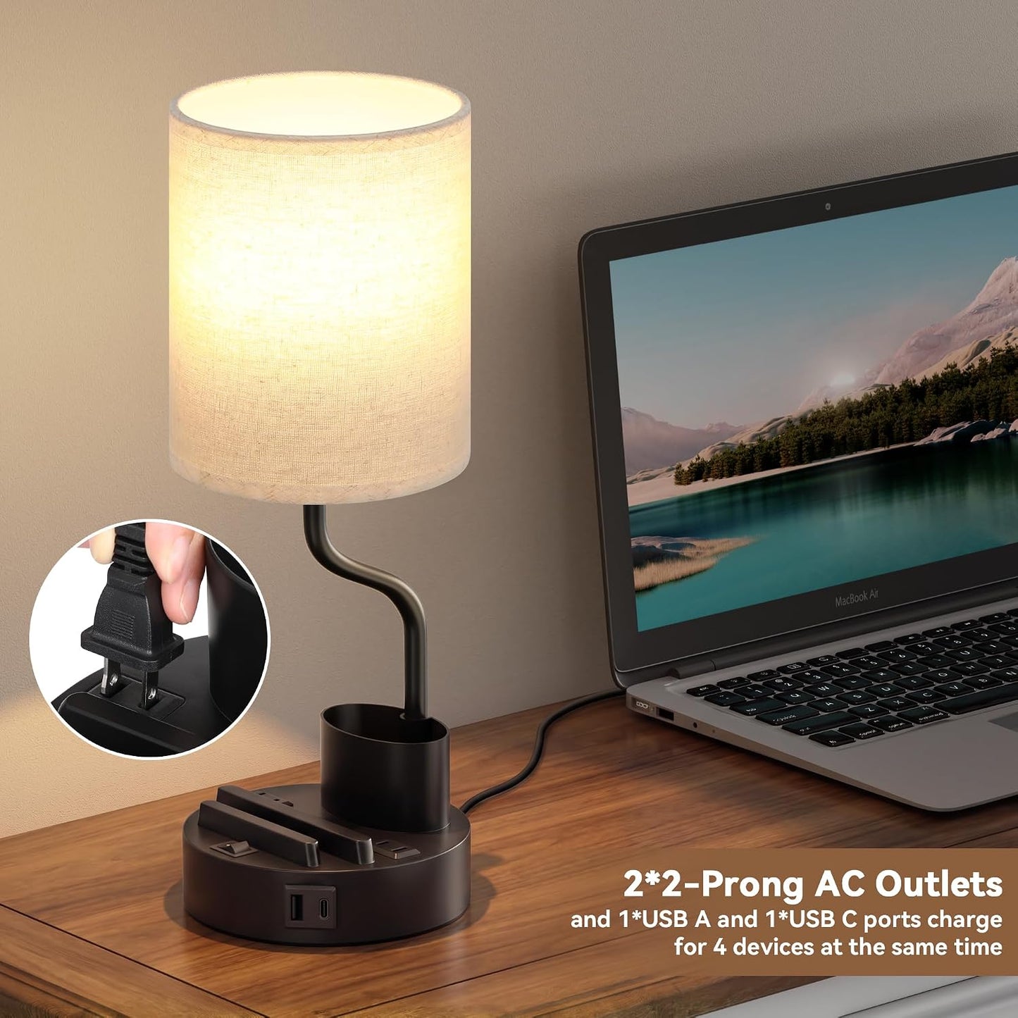 Fenmzee Bedside Lamps for Bedroom Set of 2 - Table Desk Lamp for Nightstand | 15" Table Lamp for Living Room with Pen Holder & Phone Stand, USB A+C Port, AC Outlet, 3 Color Temperature, LED Bulb Included