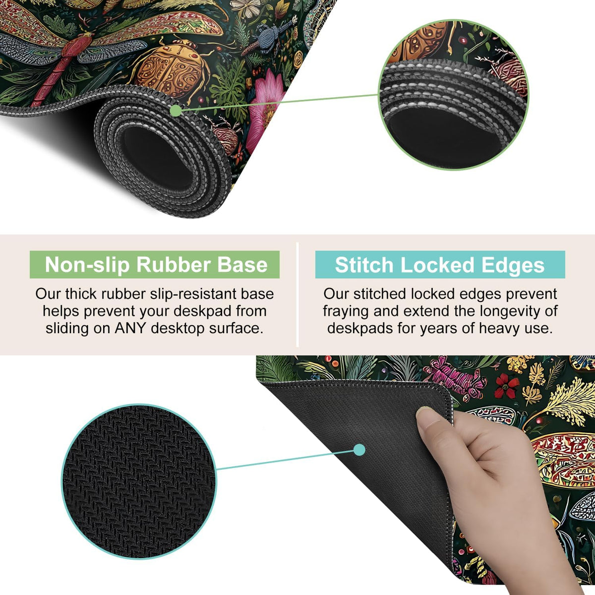 Desk Mat, XXL Extended Gaming Pad for Desktop, 31x12 Inches Butterflies and Dragonflies Garden Scene, Large Non-Slip Vegan Leather Keyboard Mouse Mat for Home Office