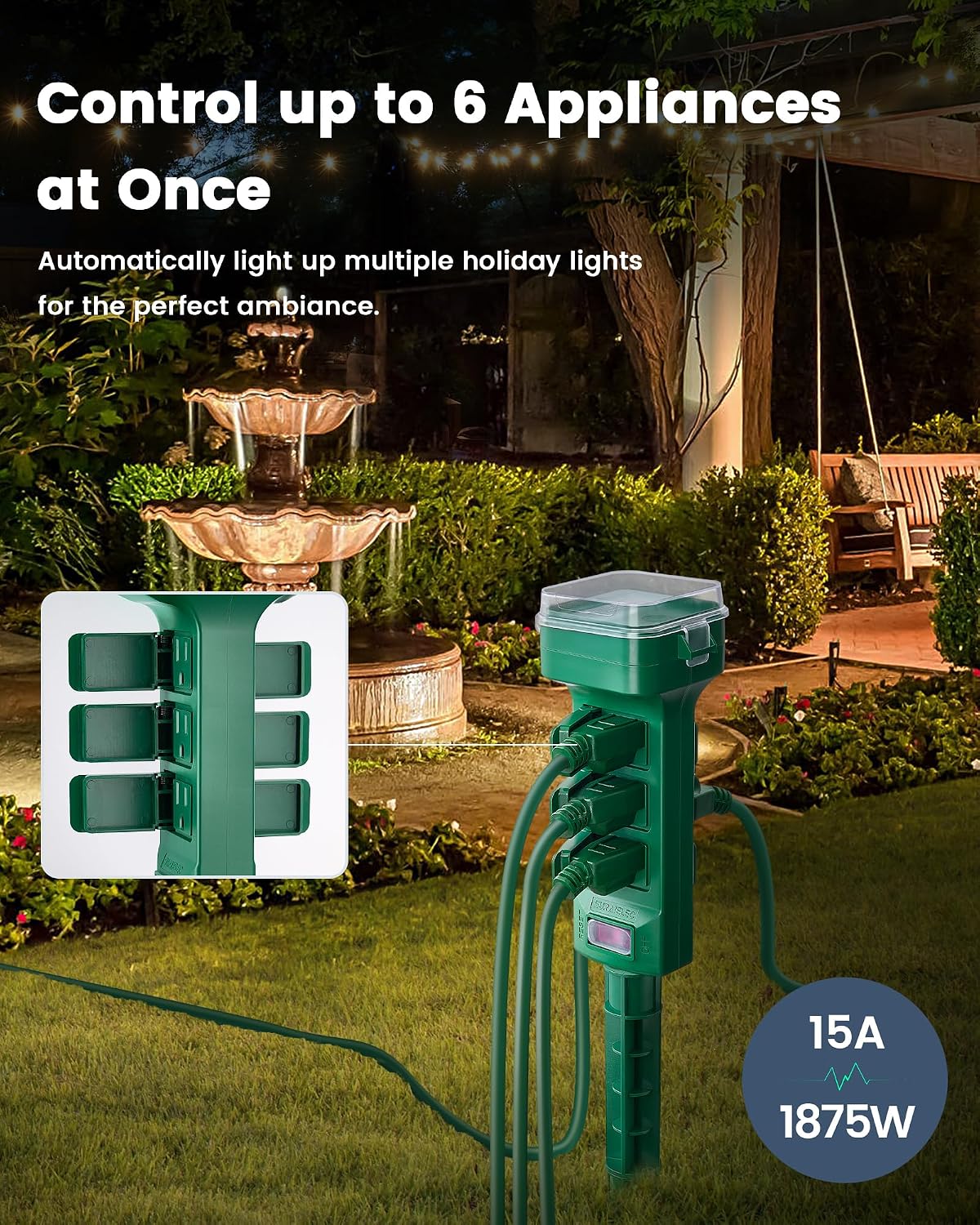 SURAIELEC Outdoor Power Stake Smart WiFi Light Timer, 6 Outlets, Waterproof