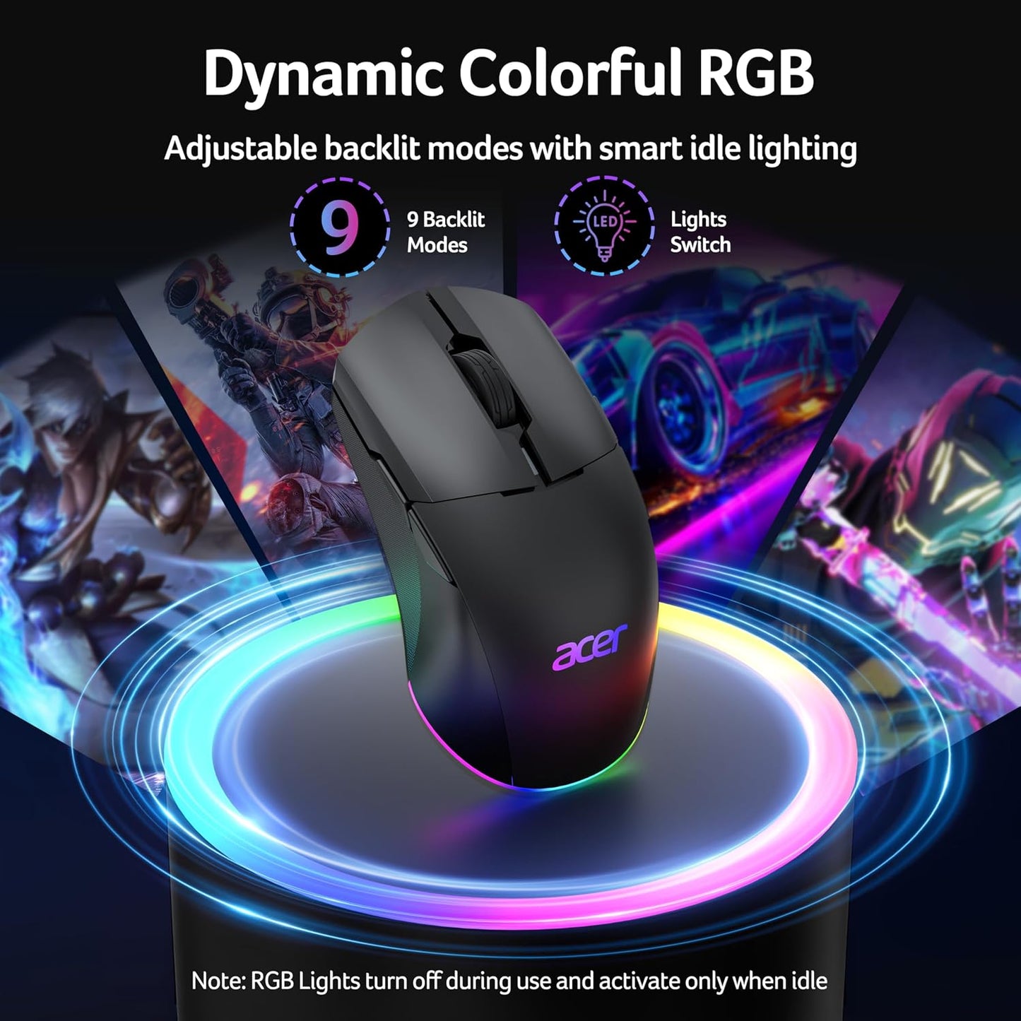 Acer Dual-Mode 2.4GHz Wireless &amp; Wired Computer Gaming Mouse for PC, Laptop | Left &amp; Right Handed Mouse with 24,000 DPI, 8 Programmable Buttons, Rechargable Gaming Mice, Long Battery Life, RGB Gamer