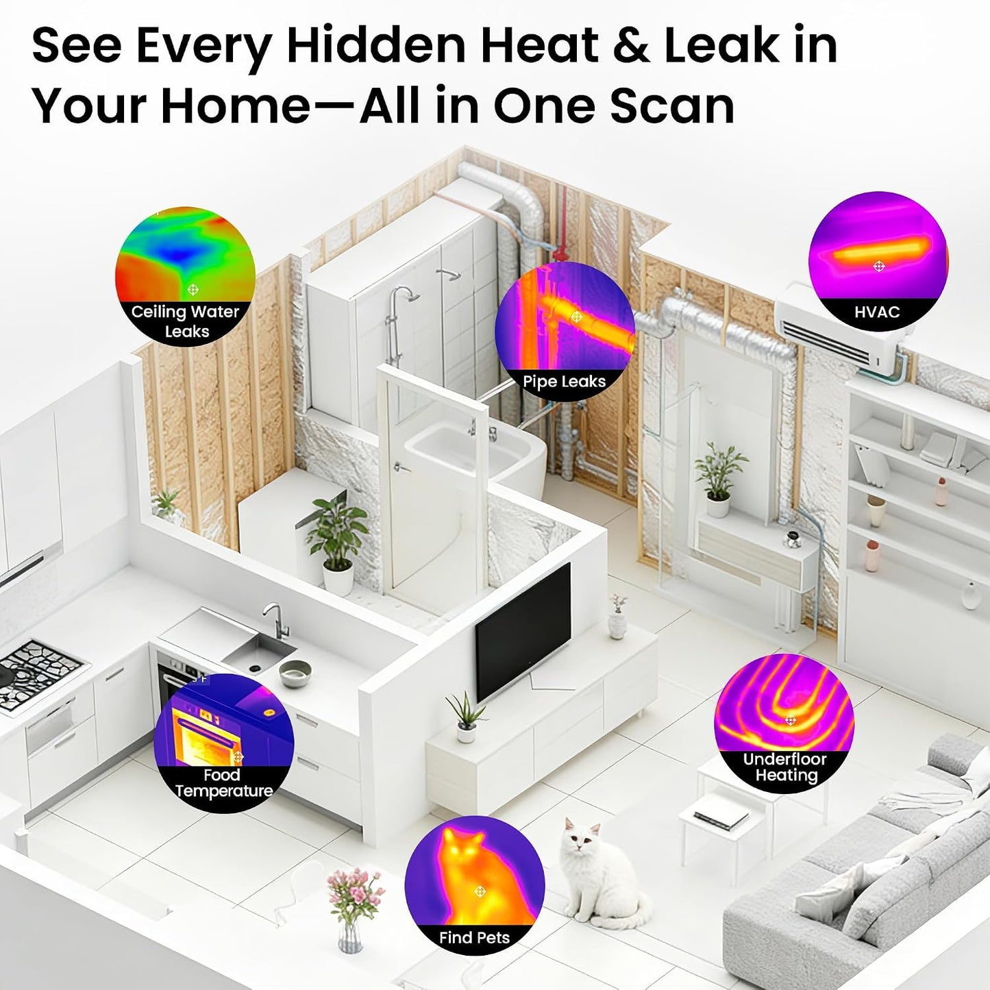240x240 Thermal Camera 25Hz Handheld for Leak Detection HVAC | 14hr battery, 50°FOV, 2.8" LCD, for home inspection, electrical, plumbing, roofing, automotive diagnostics