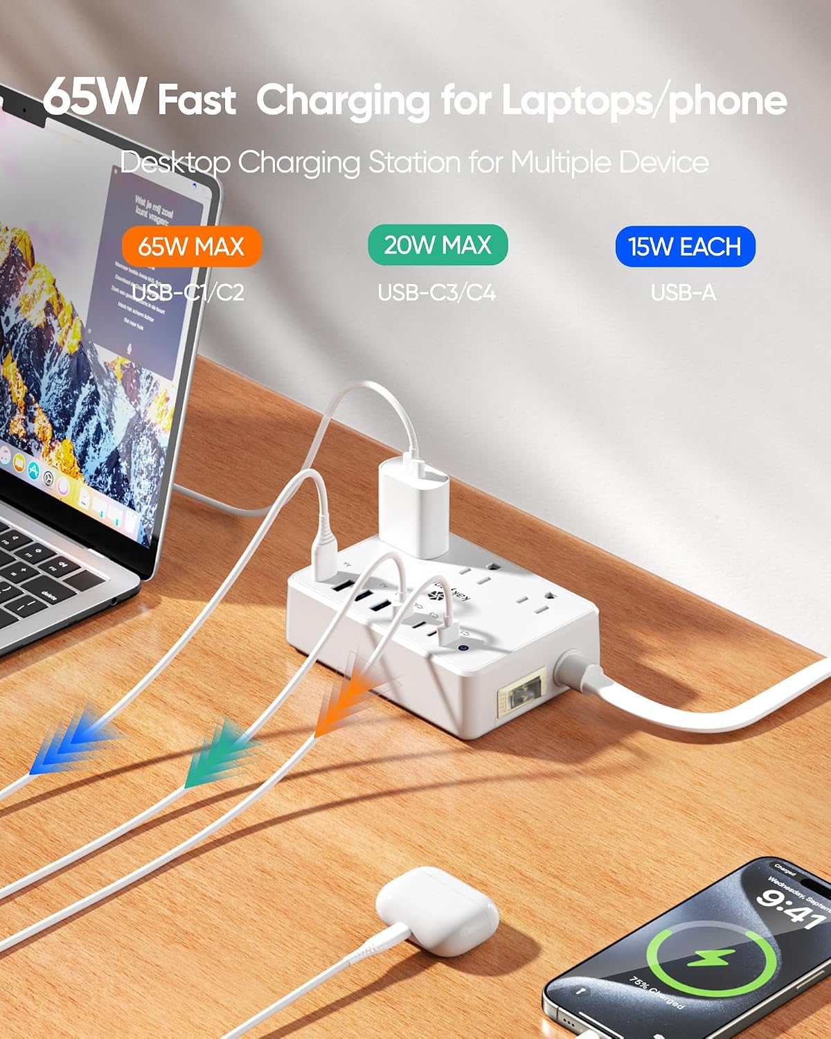 Kakyanill 100W Charging Station, Power Strip with 6 AC Outlets 8 USB Ports | Surge Protector, 5ft Flat Plug Extension Cord, Compact for Desk Home Office Dorm, White