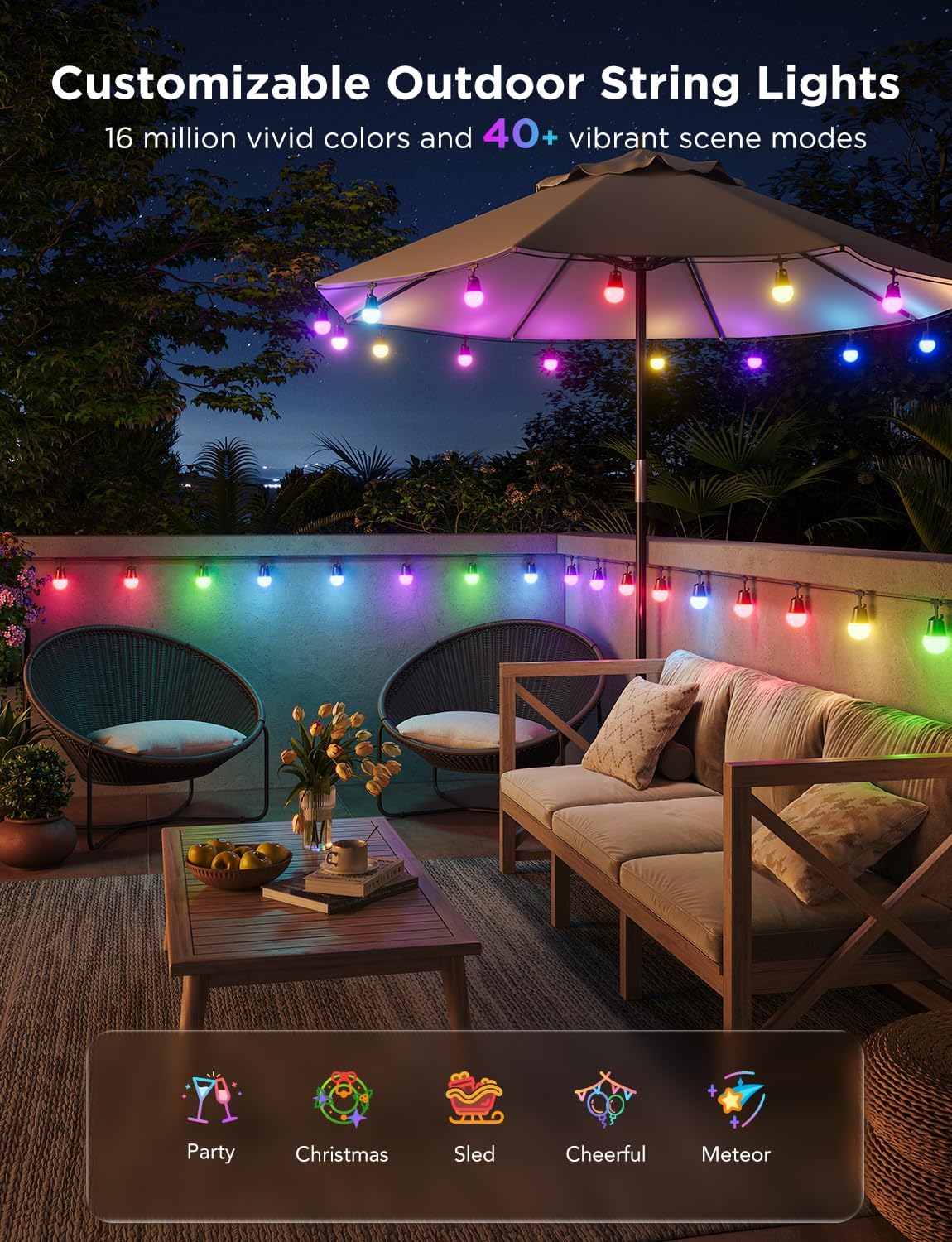 Govee Smart Outdoor String Lights 2, 144ft RGBIC Patio Lights with 45 Bulbs | Dimmable Warm White LED Bulbs, IP65 Waterproof, 47 Scene Modes for Backyard, Balcony, Work with Alexa, App Control