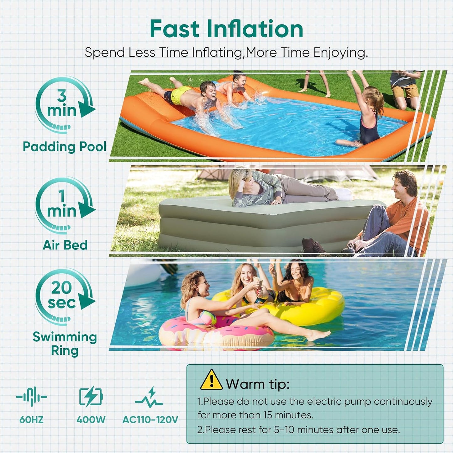 MAACLOUD Electric Air Pump for Inflatable Pool Toys: High Power Quick-Fill | 2 in 1 Inflator Deflator for Pool Float Mattress Raft Gymnastics Track Mat, Portable, 5 Nozzles, AC 110-120V (400W)
