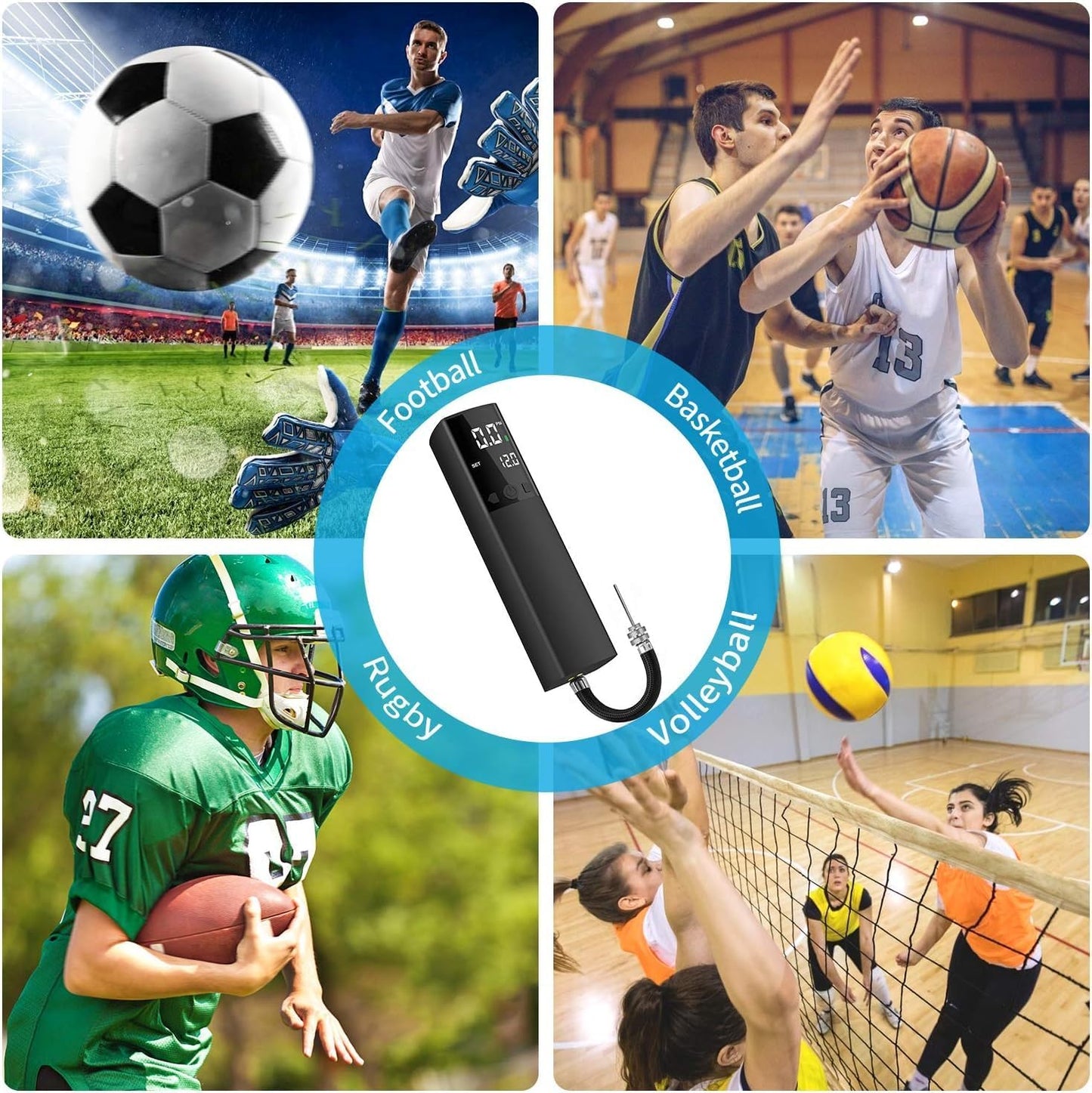 Electric Ball Pump for Sports Balls, Basketball Pump with Gauge and LCD | Portable Ball Inflator for Basketball Football Volleyball Soccer Ball, 15 PSI with 2 Pin and 1 Air Hose