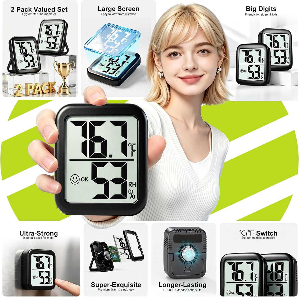 Antonki 2 Pack Room Thermometer Indoor Hygrometer