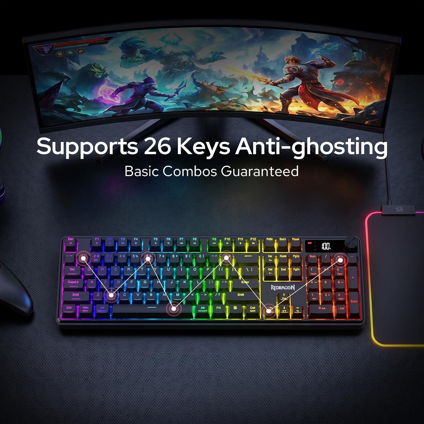 Redragon K526 PRO Wireless RGB Membrane Gaming Keyboard, LED Screen & Knob | See Battery, Mode & Time at a Glance, 0-Delay Tri-Mode, One-Touch Backlit & Media Adjust, 26-Key Anti-Ghost for Combo-Strike