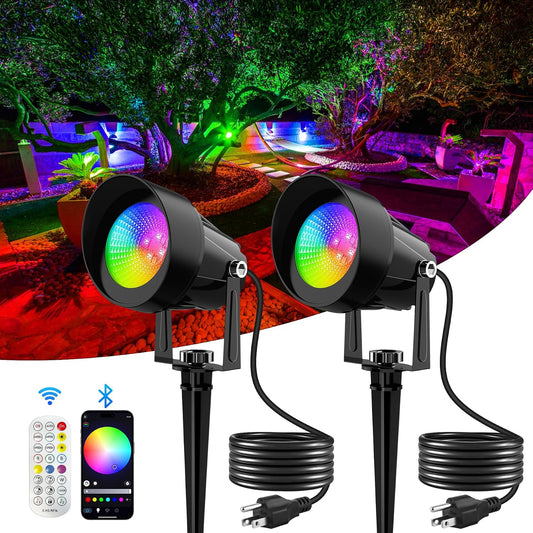 Spot Lights Outdoor, Smart RGBW LED Color Changing Landscape Lights with APP and Remote Control, Music Mode, DIY Scenes, Timing, IP65 Waterproof Spotlights Plug in for Yard Garden, 2 Pack
