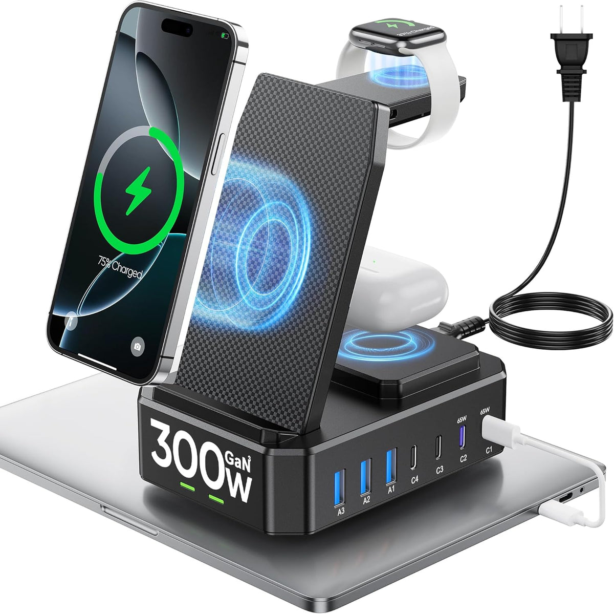 300W Charging Station for Multiple Devices Apple, Zutspzss 10 in 1 Wireless Charger for iPhone 16, GaN III USB C 65W PD Fast Charging Stand Dock for MacBook, Apple Watch&Airpods,Purple