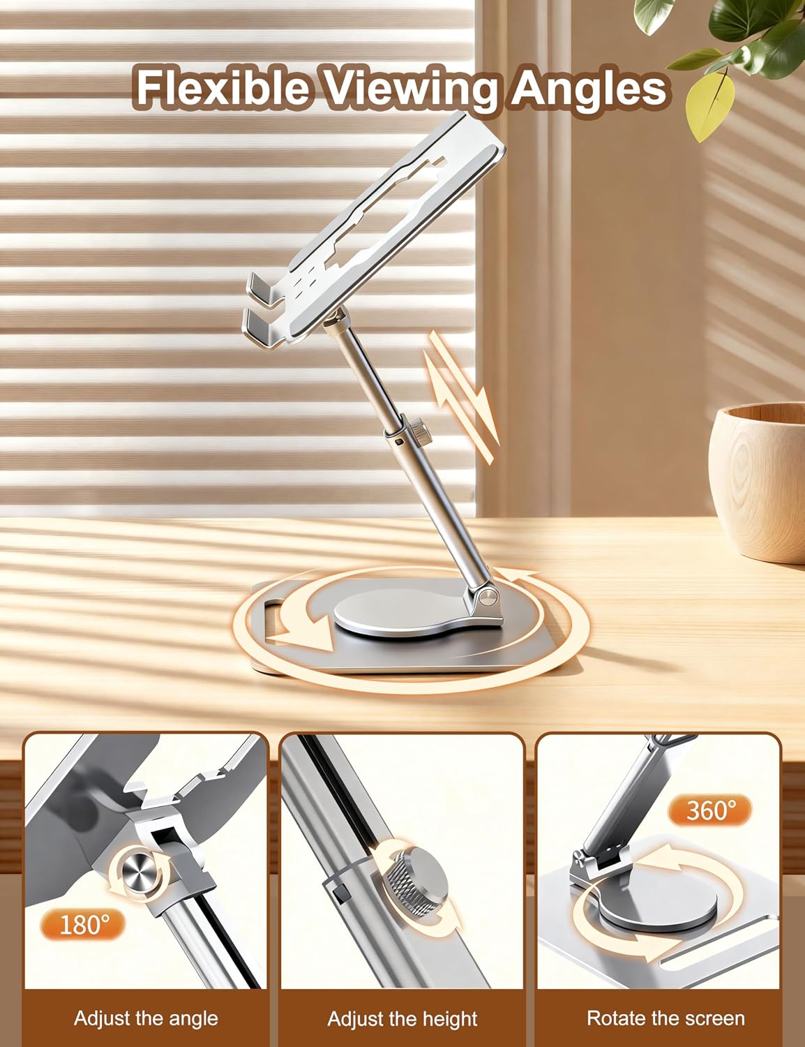 Laptop Stand, Height Adjustable 360° Swivel Anti-Wobble Base | Ergonomic, dual-axis, aluminum arm, carbon steel base, hollow cooling panel, fits 10-17" laptops, foldable, home office
