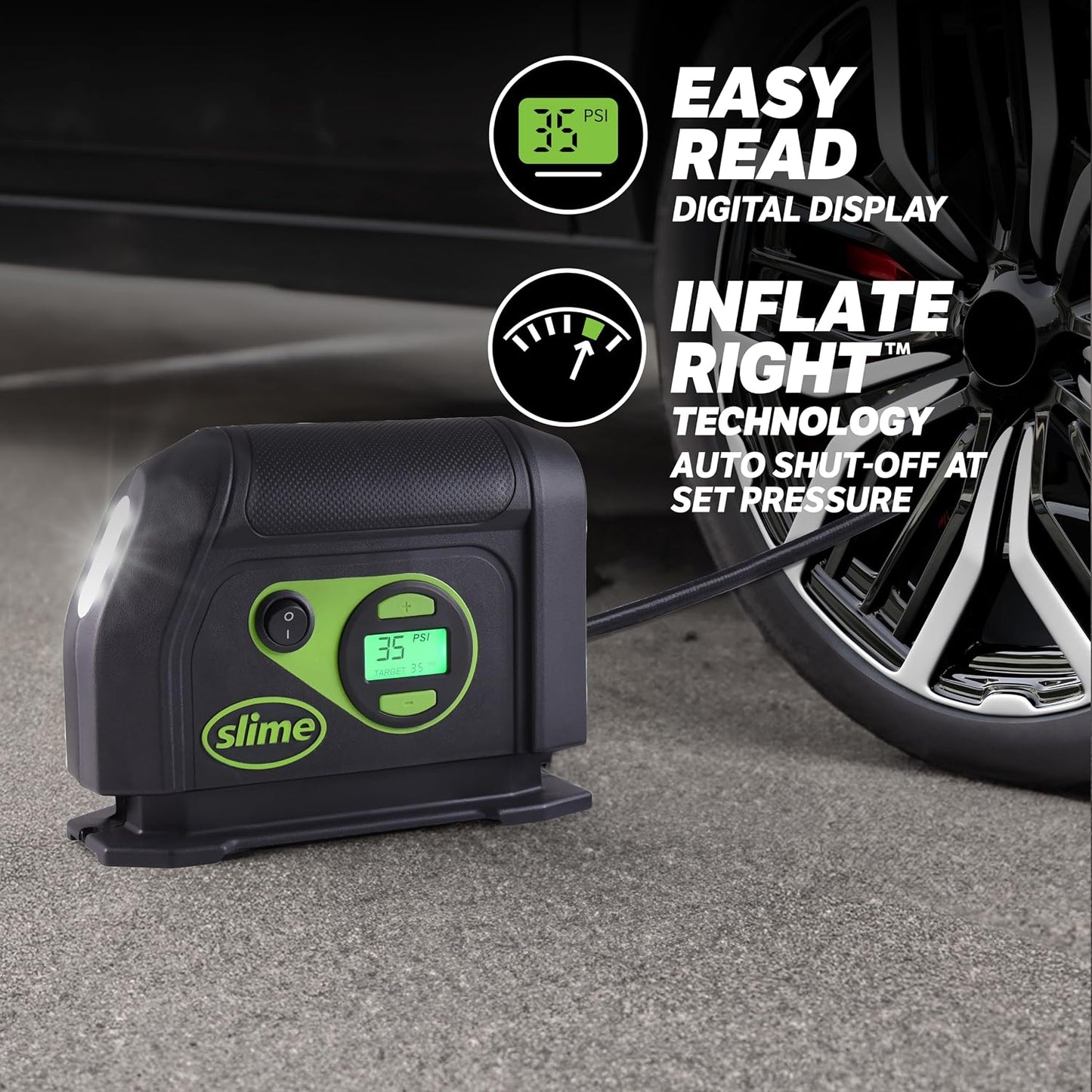 Slime 40088 Tire Inflator, Portable Car Air Compressor, Inflate Right automatic shut off, with Digital 99 psi Display, Long Hose and LED Light, 12V, 6 min inflation