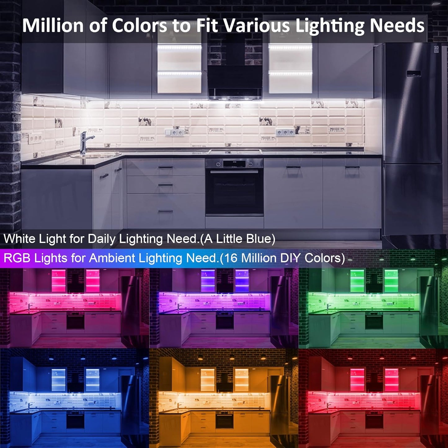 Benreom 3 Pack RGB Under Cabinet Lights with App and Remote Control | Dimmable Plug-In LED Light Bars for Kitchen Cabinets, Counters, Workbenches and Desks