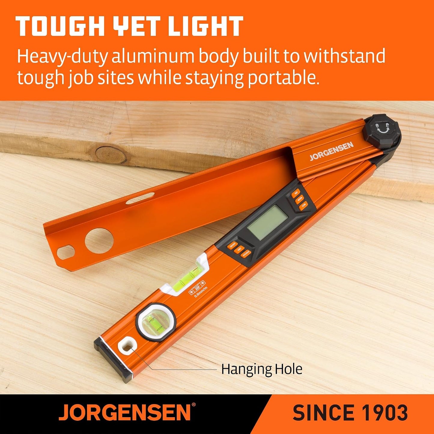 JORGENSEN Digital Angle Finder, Protractor Digital Level | Simple & Compound Miter Cuts;Portable Hanging Hook;Data Hold Function;4 Measurement Units;Easy Unit Switching