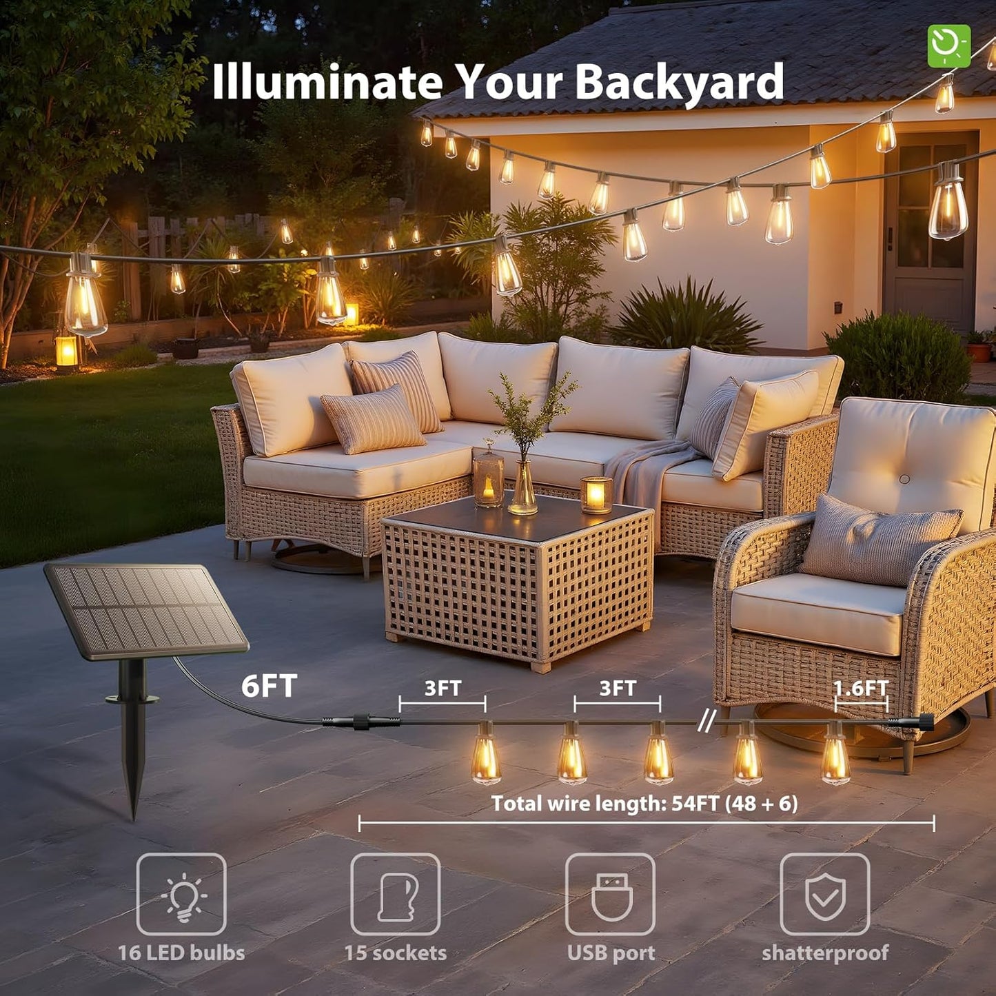KYY 54FT Solar String Lights Outdoor Waterproof with USB Charging & Remote | Dimmable & Timable, Solar Powered Patio Lights with LED Shatterproof Bulbs for Deck Backyard Porch Garden Camping