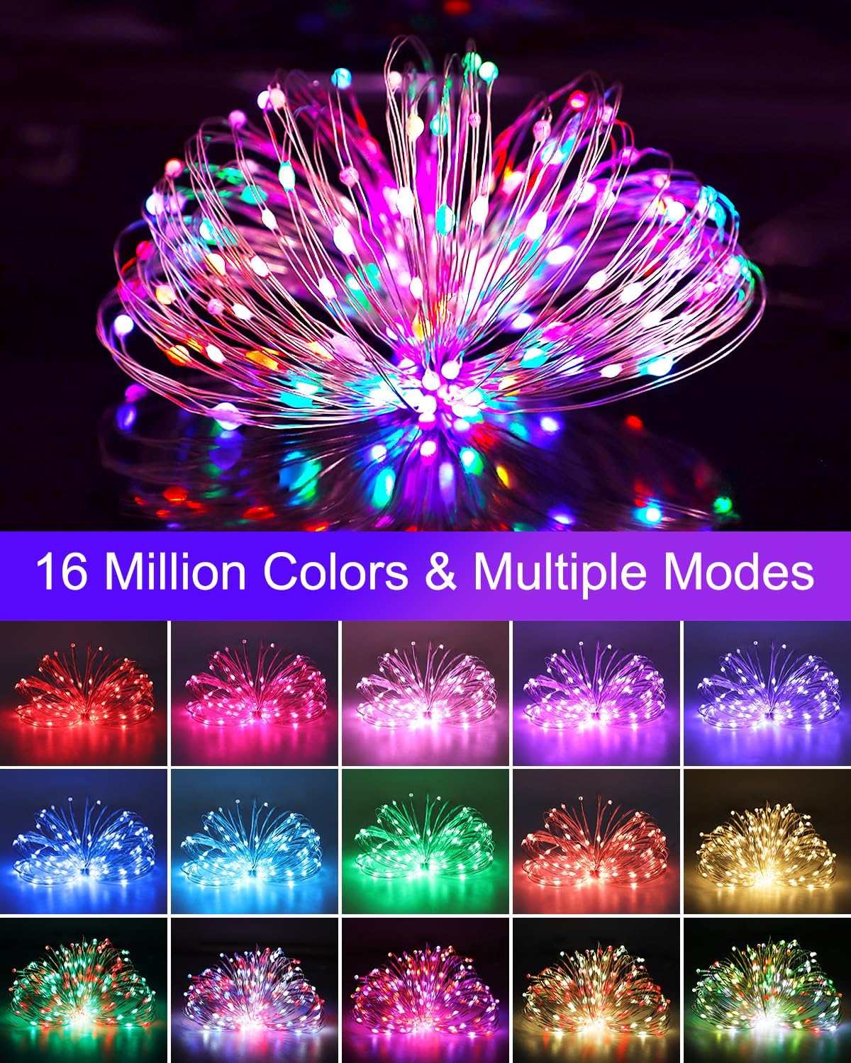 echosari Smart Fairy Lights 33Ft 100 LED USB (Color Changing) | APP & Remote Control, Music & Mic Sync, USB Powered, Flexible, for Holiday & Party Decor
