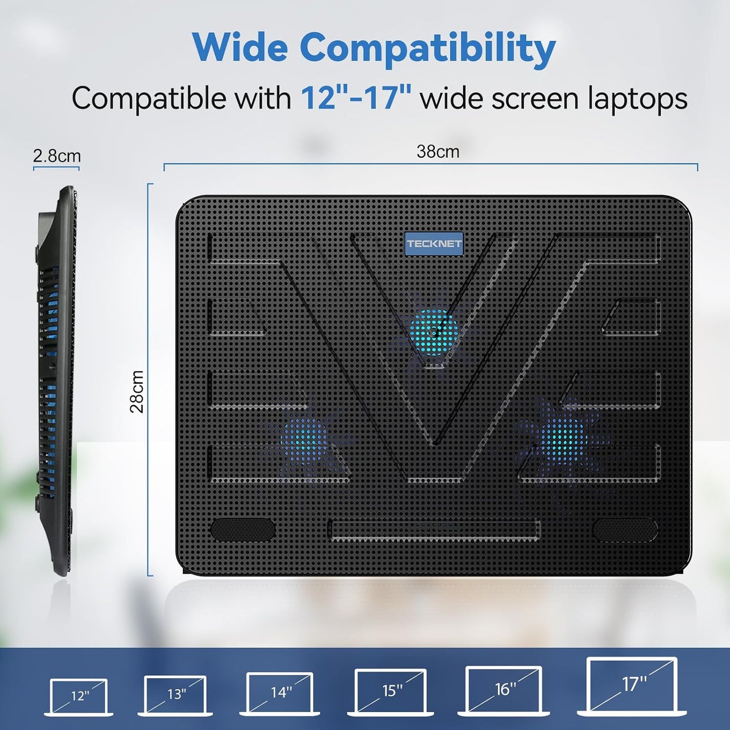 TECKNET Laptop Cooling Pad, Portable Slim Laptop Cooler for 12"-17" Laptops | 60% High-Efficiency Cooling, Whisper-Quiet Design, Dual USB Ports, LED Working Indicator, Alloy Material Mesh