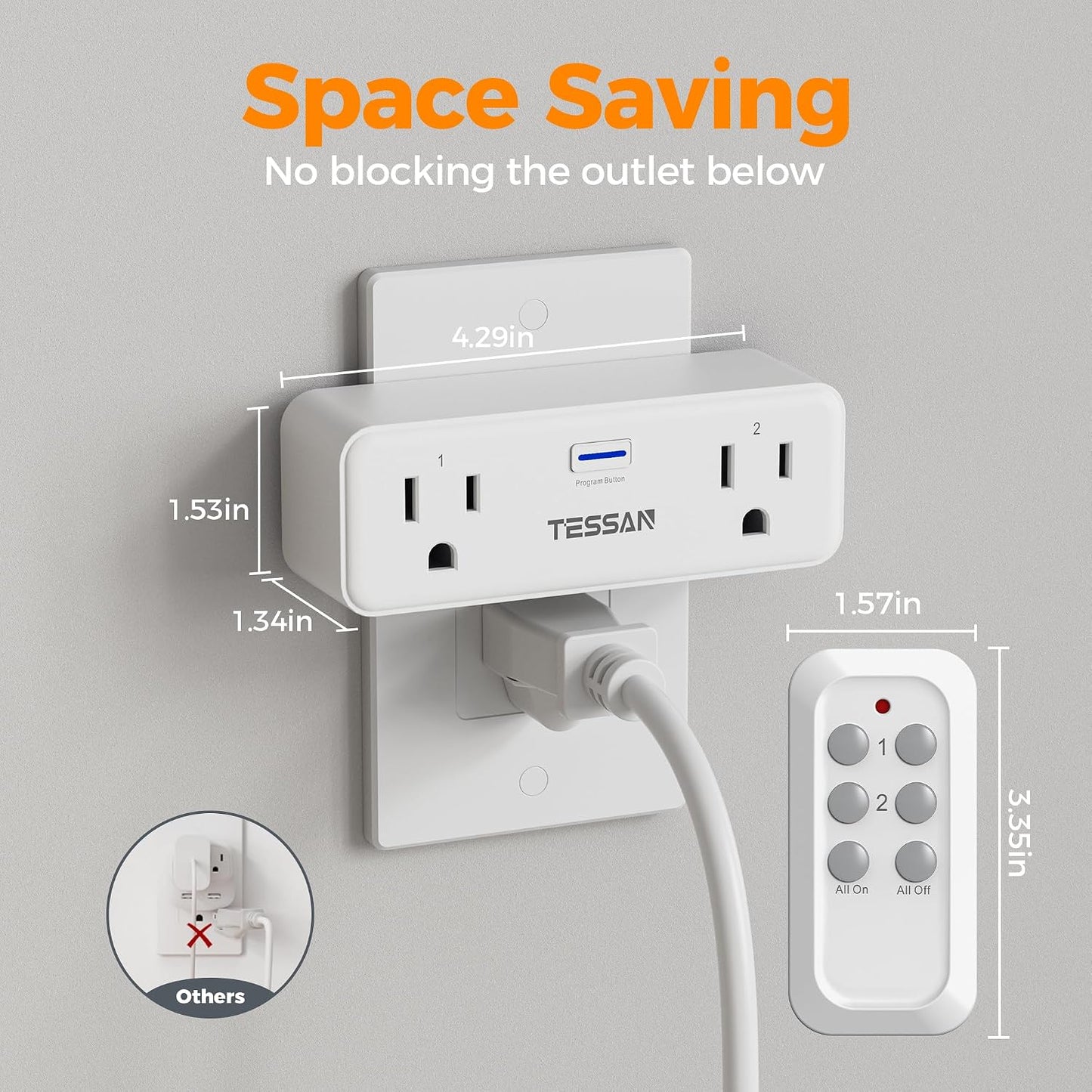 TESSAN Remote Control Outlet Plug, Wireless Switch with 2 Sockets | ON/Off Remote Outlet Switch for Indoor Lights, Lamps, Fans, Home Small Appliances, 100 Ft Range,1875W