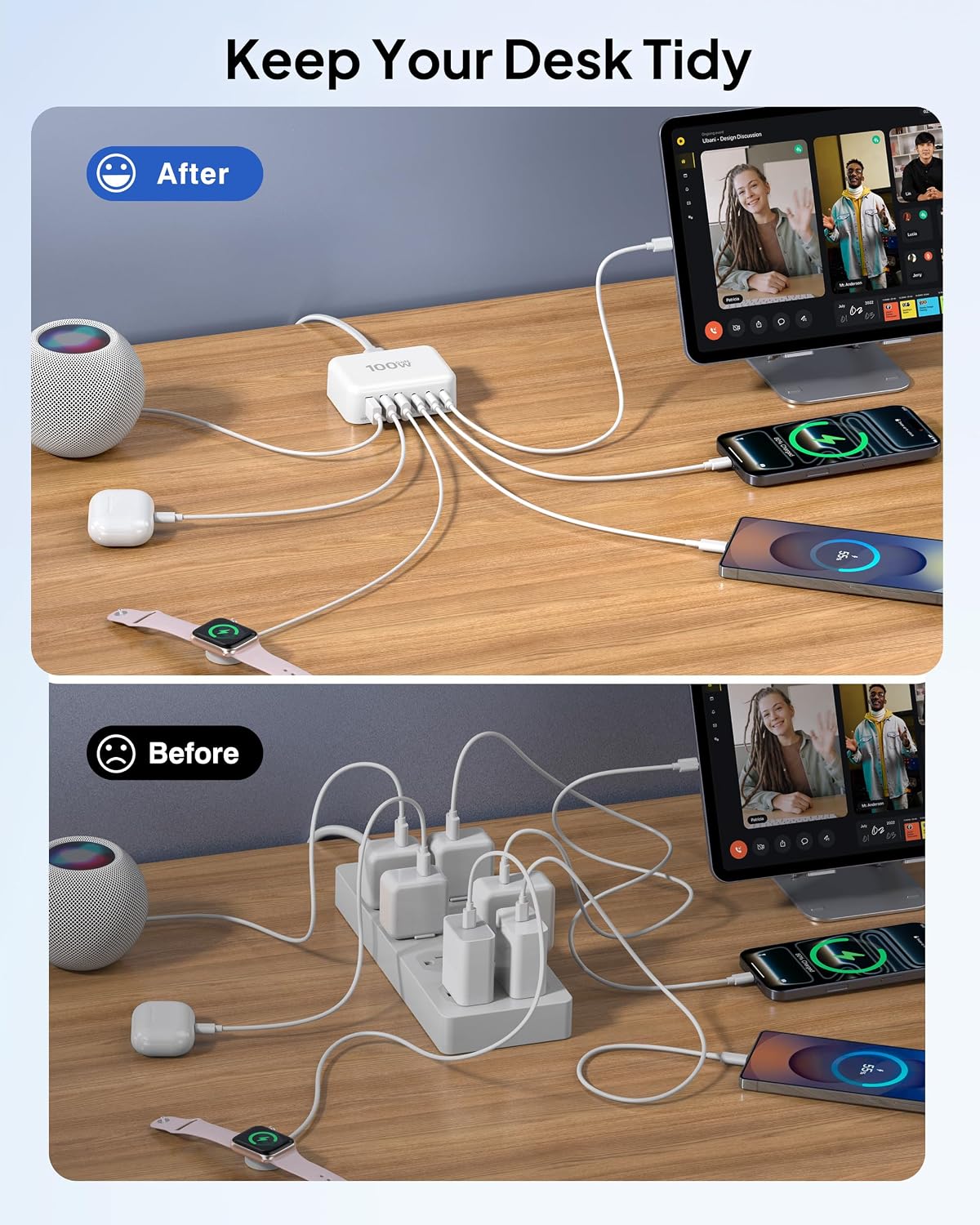 [2026 Updated] USB C Fast Charger, 100W GaN 6 Port Type C Charging Station Hub Block Cube, USB C Wall Charger Power Strip Adapter Plug for iPad iPhone 17 16 15 14 Pro Max Pixel Note Galaxy, 5ft Cord