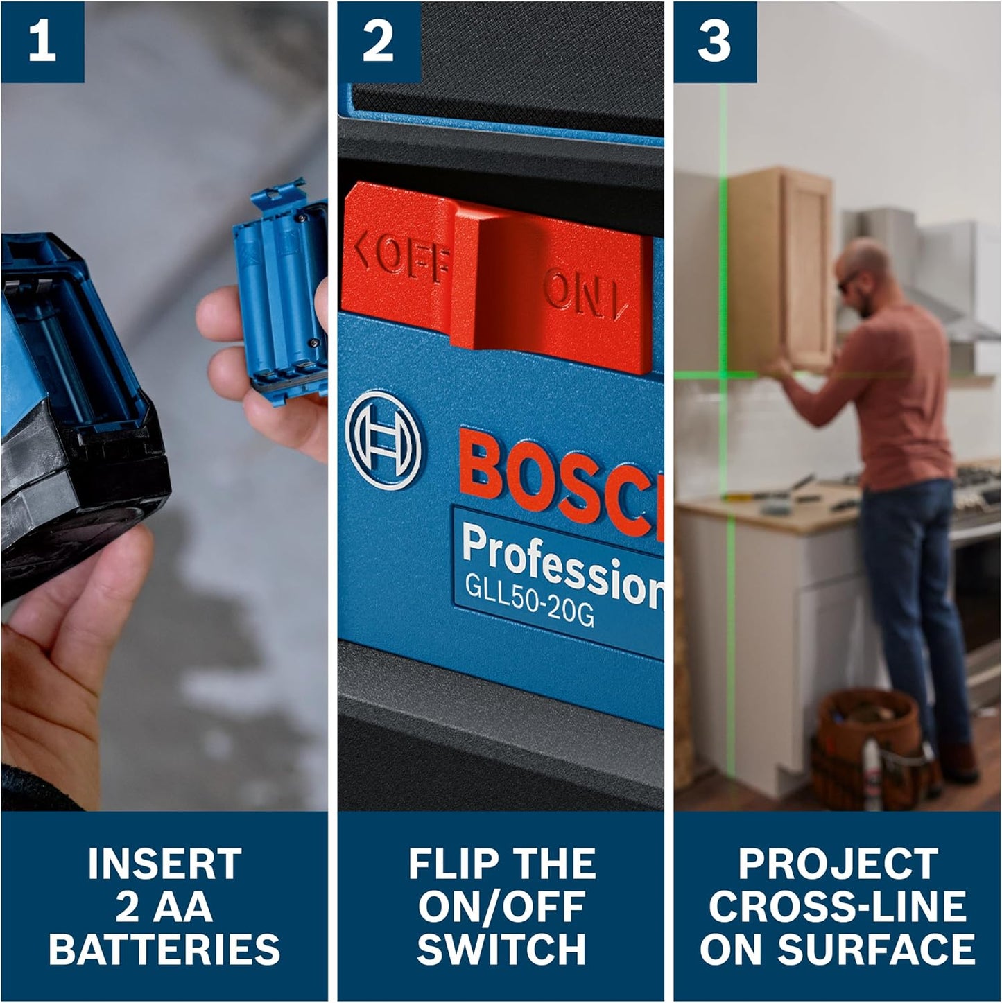 BOSCH GLL50-20G 50 Ft Green-Beam Self-Leveling Cross-Line Laser, Includes Integrated Magnetic Mount, 2 AA Batteries, & Soft Pouch