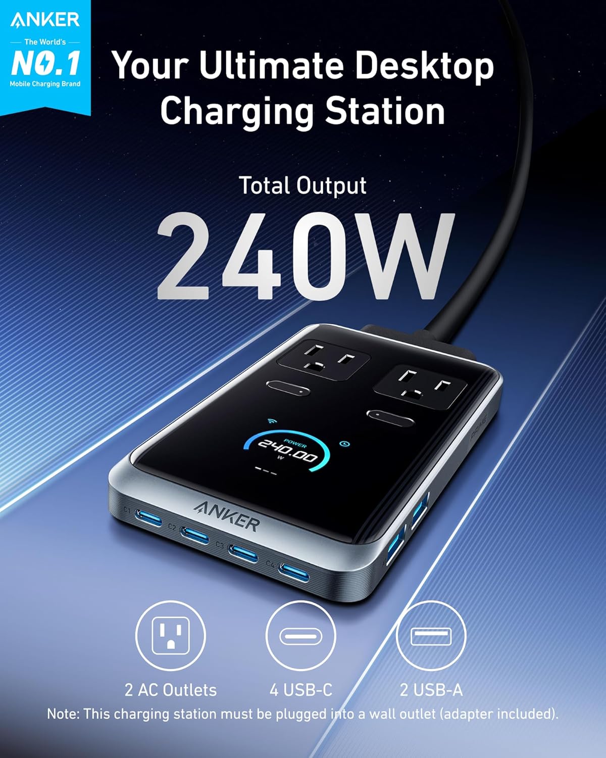 Anker Prime Charging Station, 240W 8-in-1 Power Strip, 2 AC, 4 USB C | 2USB A, 5ft Detachable Extension Cord with Multiple Outlets for iPhone MacBook, Desk Accessories, Home Office(Not for Travel)
