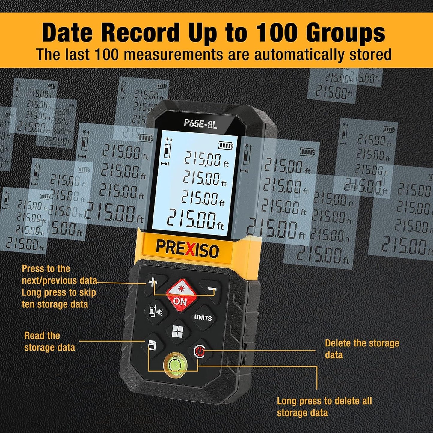 PREXISO Laser Measure, 215Ft Laser Measurement Tool with Diagonal Measuring | Medidor Laser Distance Meter Ft/Ft+in/in/M Units - Pythagorean Mode, Area, Volume -100 Sets Data Storage