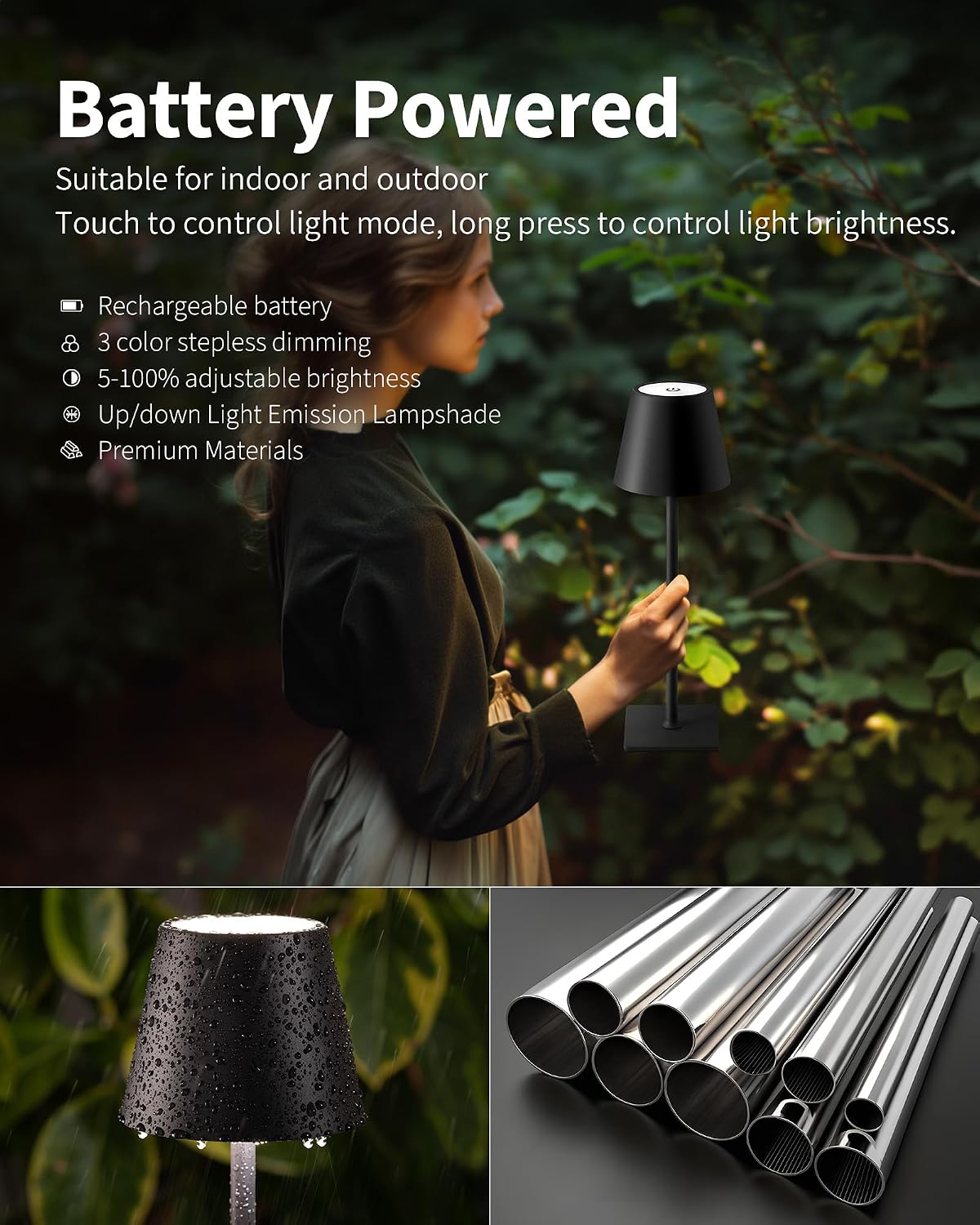 KDG Cordless Black Table Lamp, Portable Desk Lamp, 5000mAh Battery Operated | LED 3 Color Stepless Dimming Up, for Restaurant, Bedroom, Bars, Outdoor Party, Camping, Coffee Shop, Atmosphere Night Light