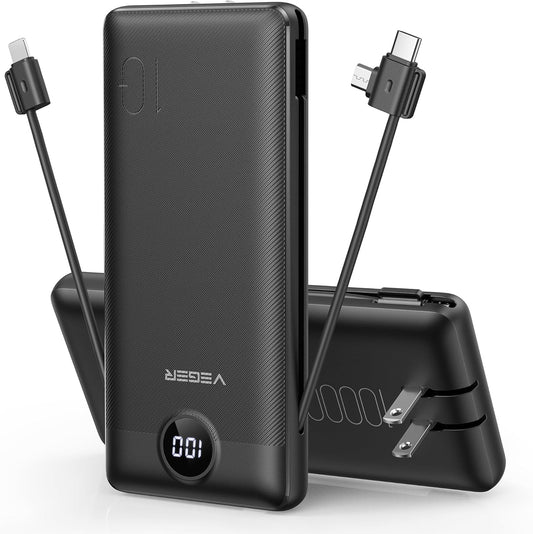 VEGER Portable Charger for iPhone, Power Bank Built in Cable and Wall Plug | 10000mAh,Ultra Slim&Compact,5 Outputs,LED Display,Flight-Safe,Travel Essentials Battery Pack for iPhone 17,iPad, Samsung,etc