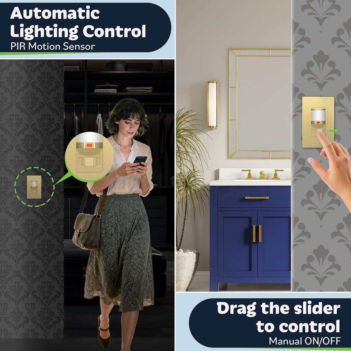 TOPGREENER Occupancy/Vacancy PIR Motion Sensor Light Switch, Gold, 1 Pack