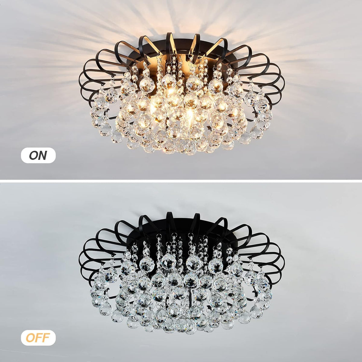 CVKASH Crystal Floral Chandelier 4-Light Antique Modern Black Flush Mount Raindrop Crystal Ceiling Lighting Fixture Chandelier for Living Room Bedroom Dining Room Entryway D17.71 H8.26