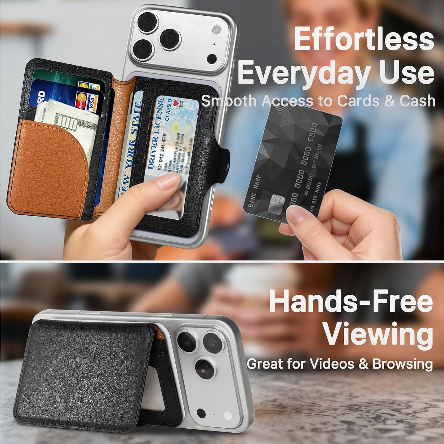 for MagSafe Wallet, Magnetic Phone Wallet RFID Blocking, Slim 5-8 Card Holder with Cash Slot & Clear ID Window, Minimalist Mag Safe Wallets for iPhone 17/16/15/14/13/12 Series, Midnight Black