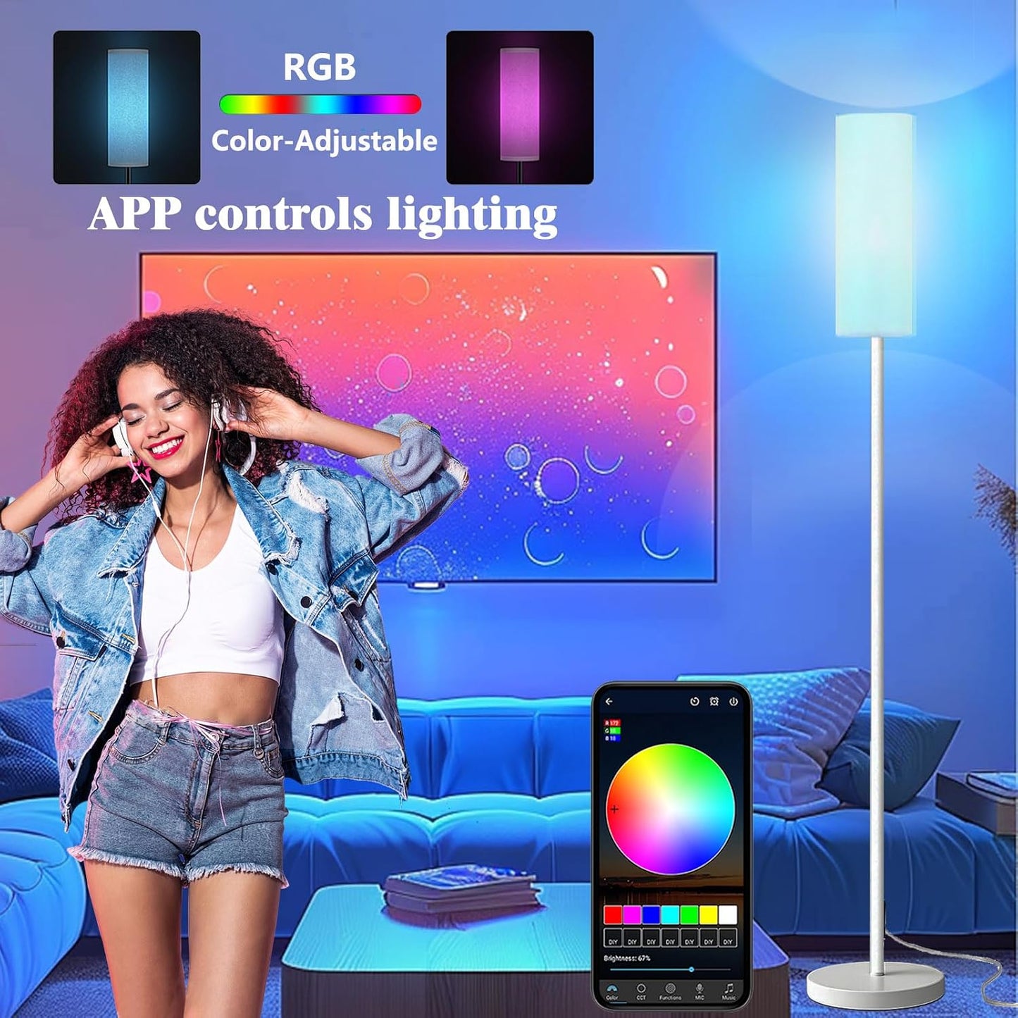 Qaubauyt Smart LED Floor Lamp with APP Control & RGB Colors - Dimmable Standing Lamp for Living Room, Bedroom, Gaming - Remote, Timer, 9W Bulb Included, 67" Modern Tall Lamp (White)
