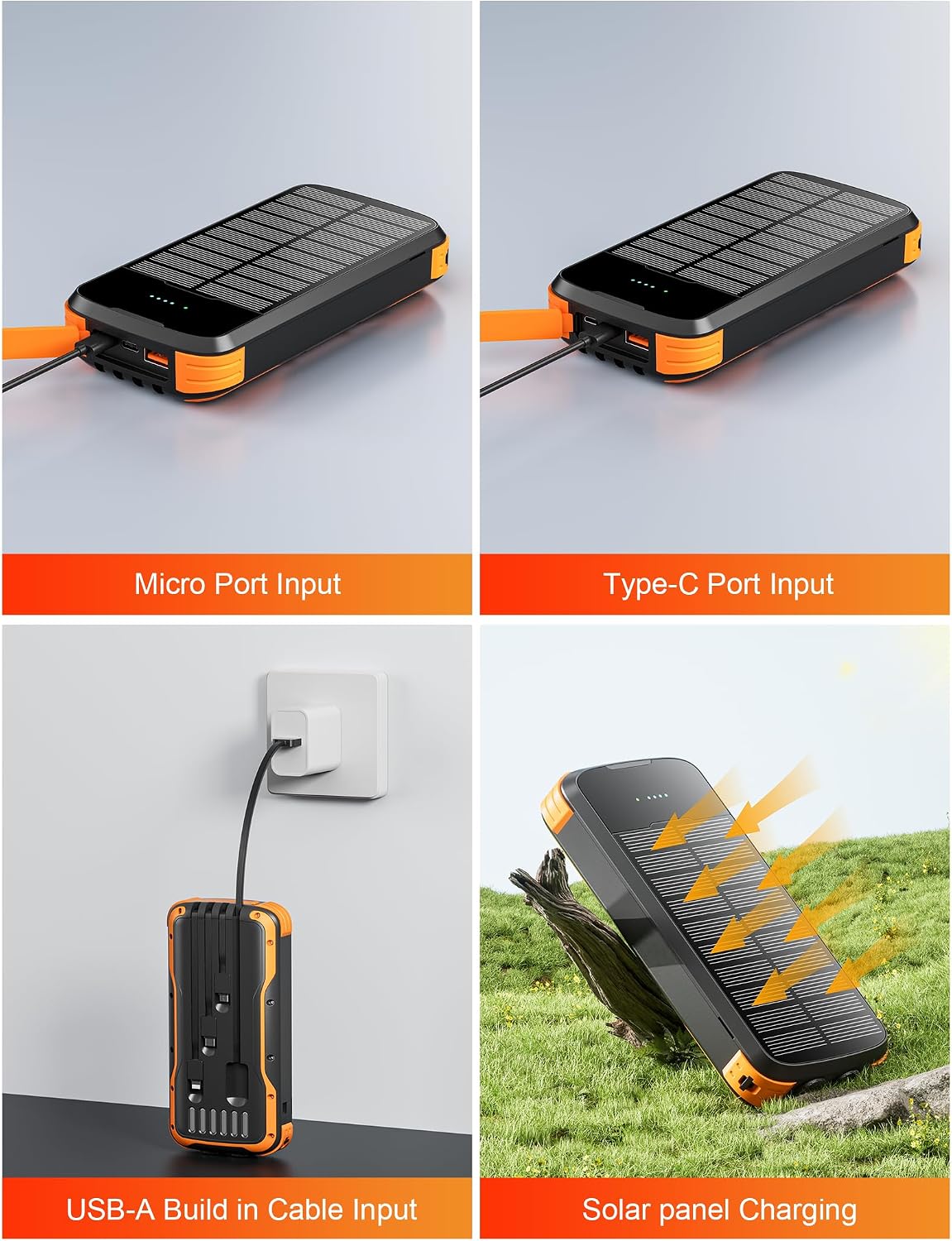 MINRISE Solar Power Bank 40000mAh, Portable Charger PD 20W Fast Charging | Built in 4 Cables and USB-C in/Output,External Battery Pack with Flashlights,for All Cell Phones,for iPad,Camping Essentials