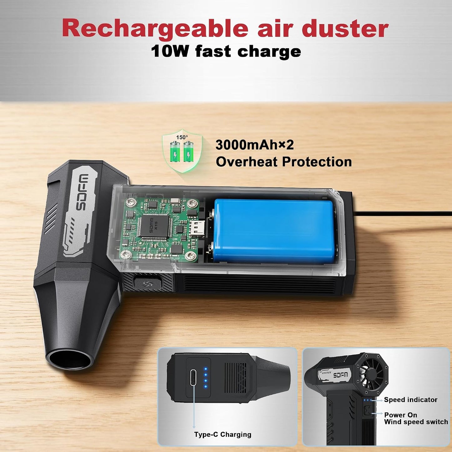 Compressed Air Duster,180,000RPM High Speed brushless Motor Mini Blower | 3-speed adjustable electric air duster with multiple nozzles , for cleaning car, keyboard, computer, home and outdoor.