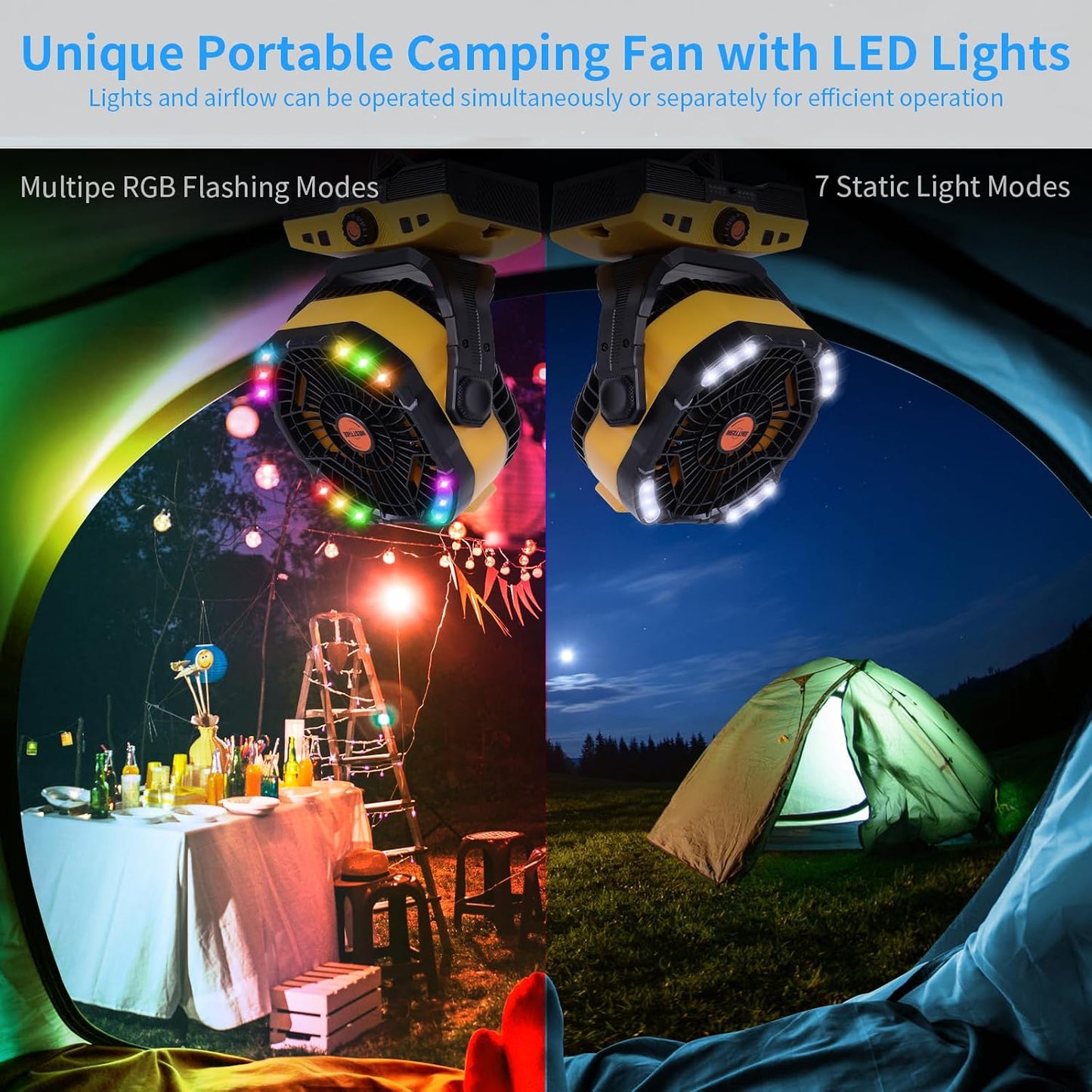 WESTTREE Camping Fan 20000mAh Rechargeable Battery Operated fan Outdoor Tent Fan with Light & Hook 270° Pivot, knob Speeds, Personal fan USB Desk Fan for Camping Power Outage Yellow X68