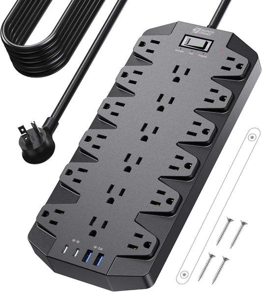 SUPERDANNY 18 AC Power Strip Surge Protector, 15FT, Flat Plug, 1875W/15A