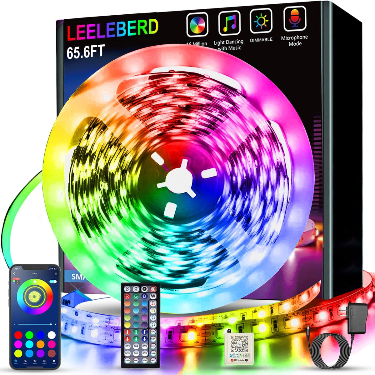 Leeleberd 130 ft Led Lights for Bedroom,(2 Rolls of 65FT) Bluetooth Smart APP Control Color Changing RGB Led Strip Lights with Remote Control Led Lights for Room Kitchen Party Home Decoration