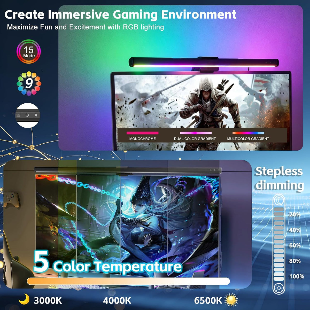 16.6" RGB Monitor Light Bar, LED Lighting for Flat Computer Monitors