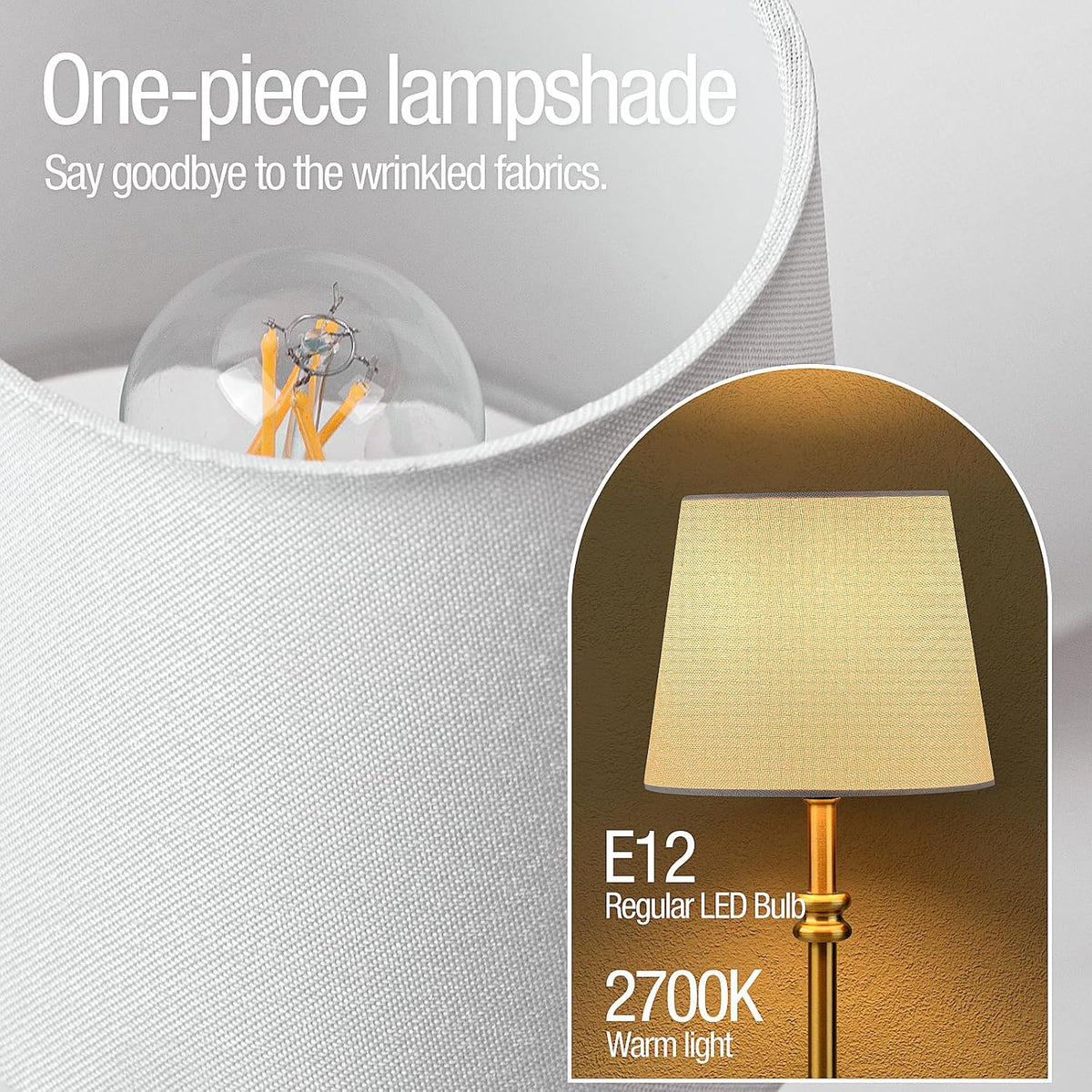ONEWISH Cordless Lamp-Battery Operated Table lamp, 4000mAh Rechargeable, Stepless Dimmable, Small Touch Bedside Lamp with Fabric Shade, for Dining, Patio, Bathroom(Gold)