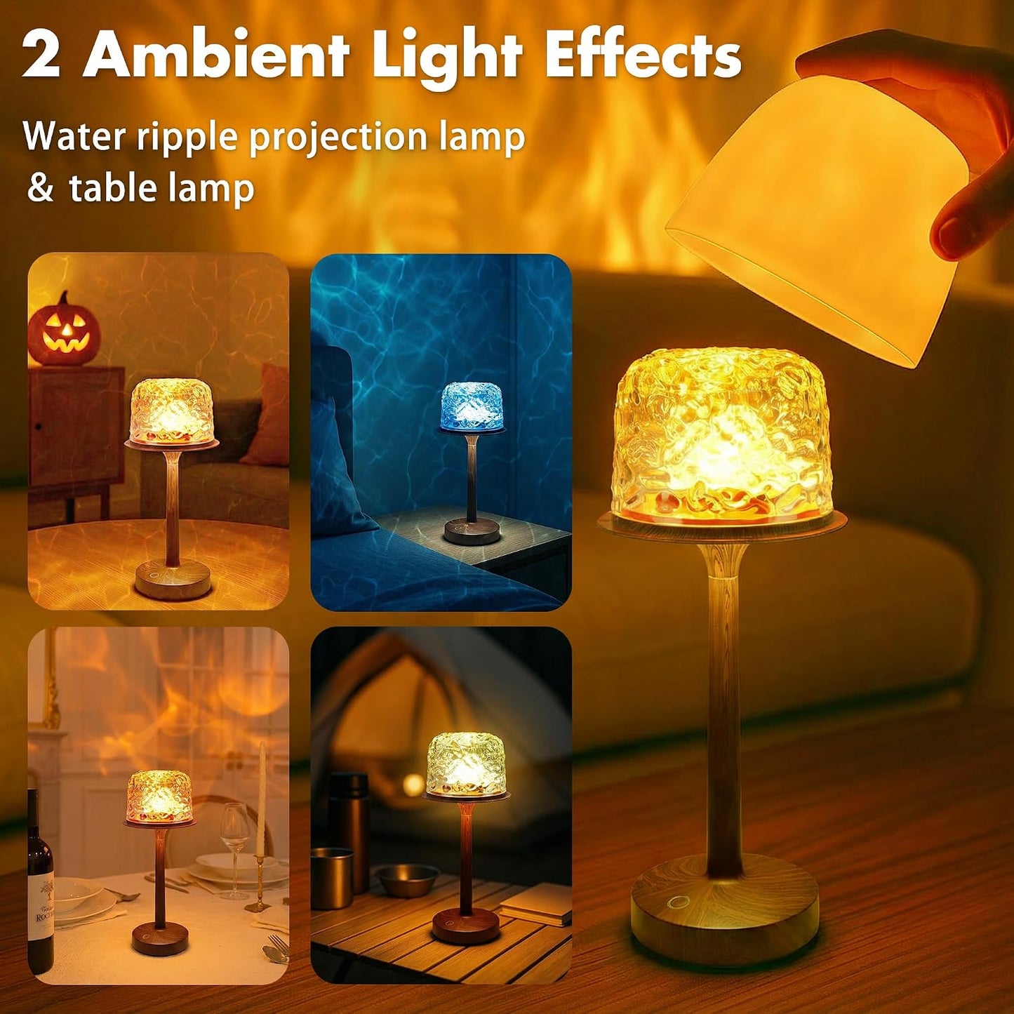 Waterproof Shower Lamp, Bathroom Lamp with Ocean Wave Projector Walnut Wood | Spa-Like Rechargeable Shower Light with Remote&Touch Control Dimmable,16 RGB Color, Cordless Mood Light for Inside Showe