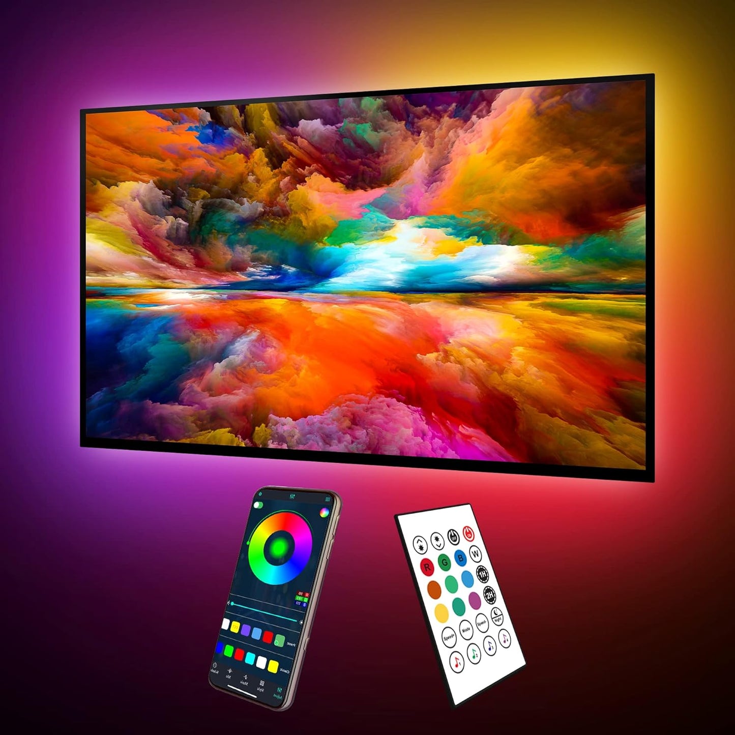 maylit 18ft ICRGB TV LED Backlight for 75-85in TVs | Bluetooth App & Remote, Music Sync with Sound, USB Powered, Color Changing Bias Glow, For HDTV Room Decor