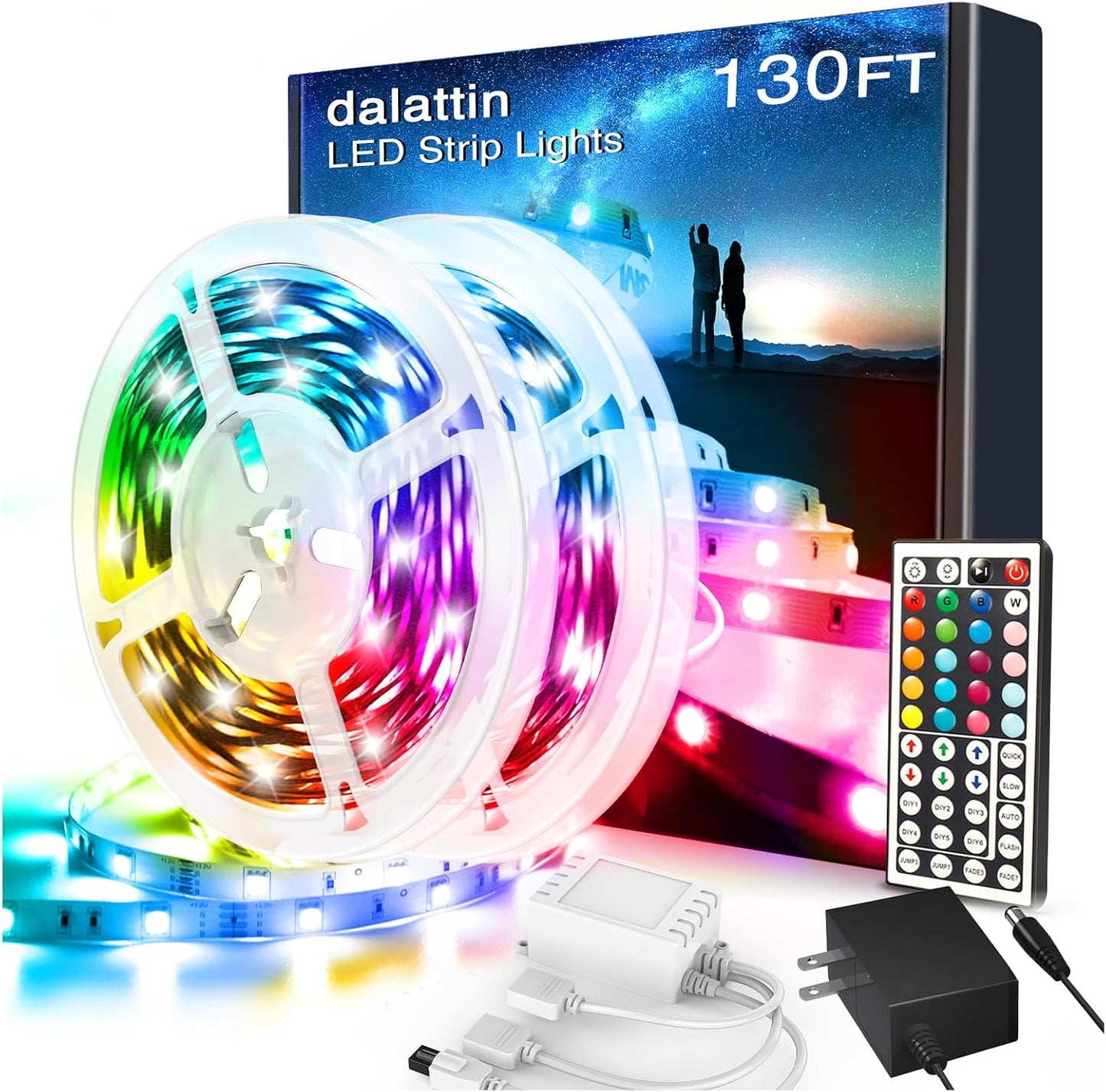 dalattin Led Lights for Bedroom 130ft RGB Led Strip Lights Color Changing Kit with 44 Keys Remote Controller and 24V Power Supply Led Light Strips Indoor Decoration,2 Rolls of 65ft