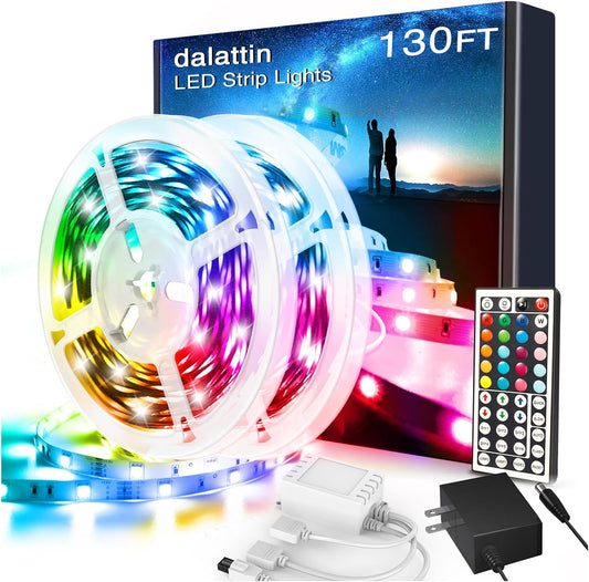 dalattin Led Lights for Bedroom 130ft RGB Led Strip Lights Color Changing Kit with 44 Keys Remote Controller and 24V Power Supply Led Light Strips Indoor Decoration,2 Rolls of 65ft