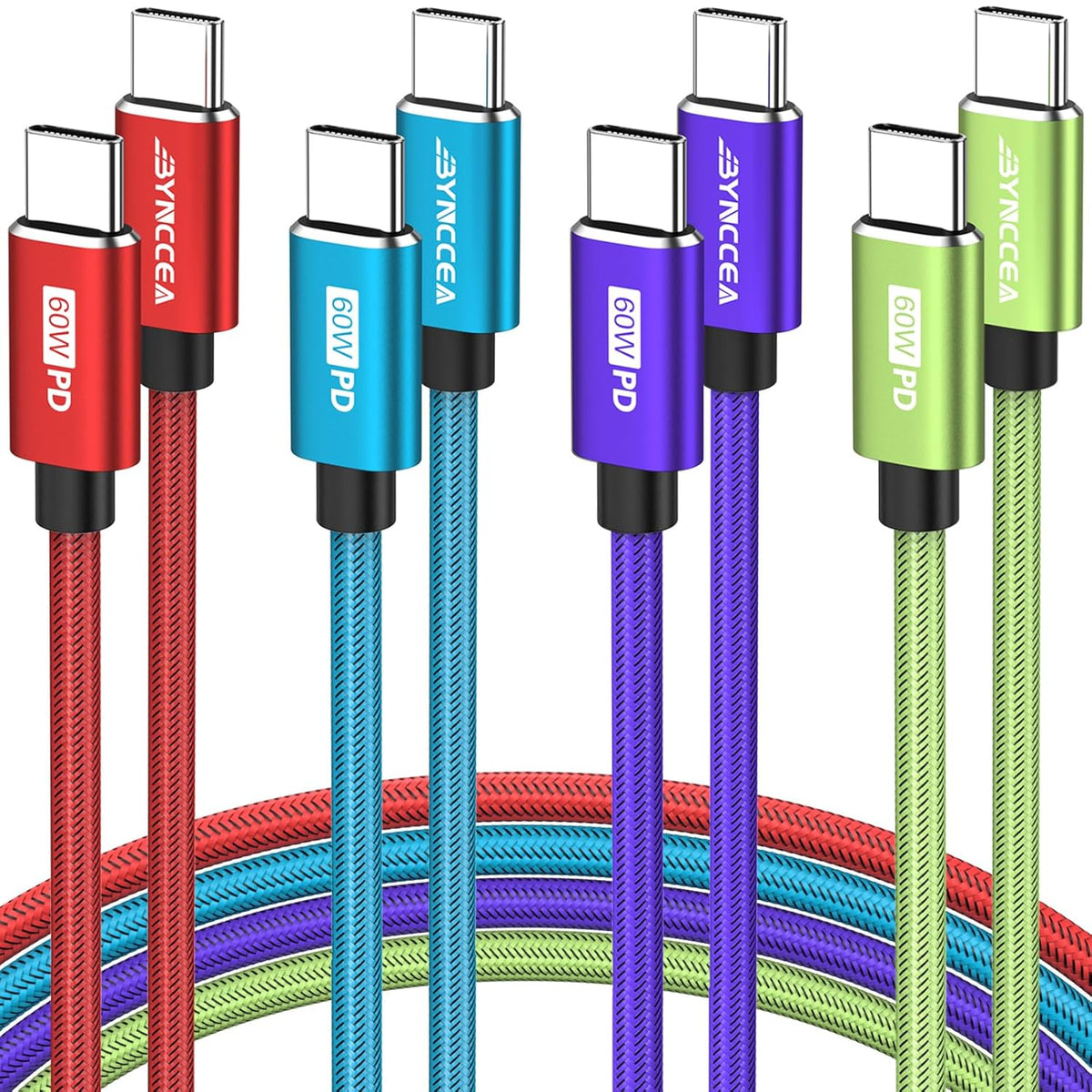 Bynccea 4-Pack USB C to USB C Cable 10ft C to C Cable Fast Charging C Cable, 60W(5A) Nylon Braided Type C Cables for Phone 17/16/15 Series Samsung S24/23