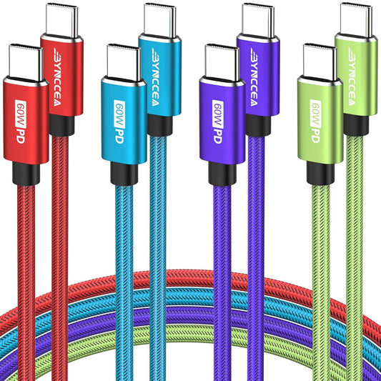 Bynccea 4-Pack USB C to USB C Cable 10ft C to C Cable Fast Charging C Cable, 60W(5A) Nylon Braided Type C Cables for Phone 17/16/15 Series Samsung S24/23